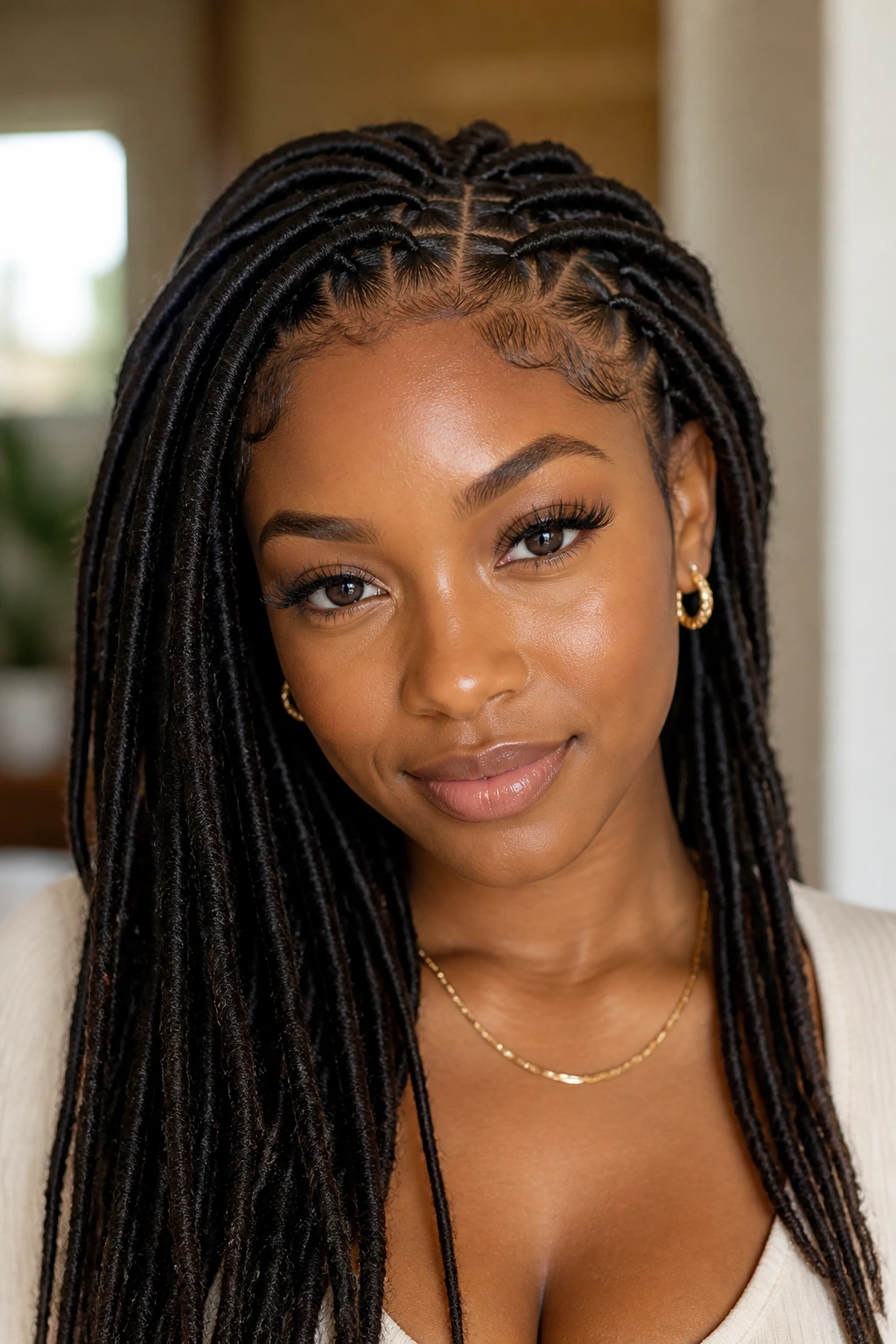 Close-up portrait of polished faux locs with a clean part and neat finish.