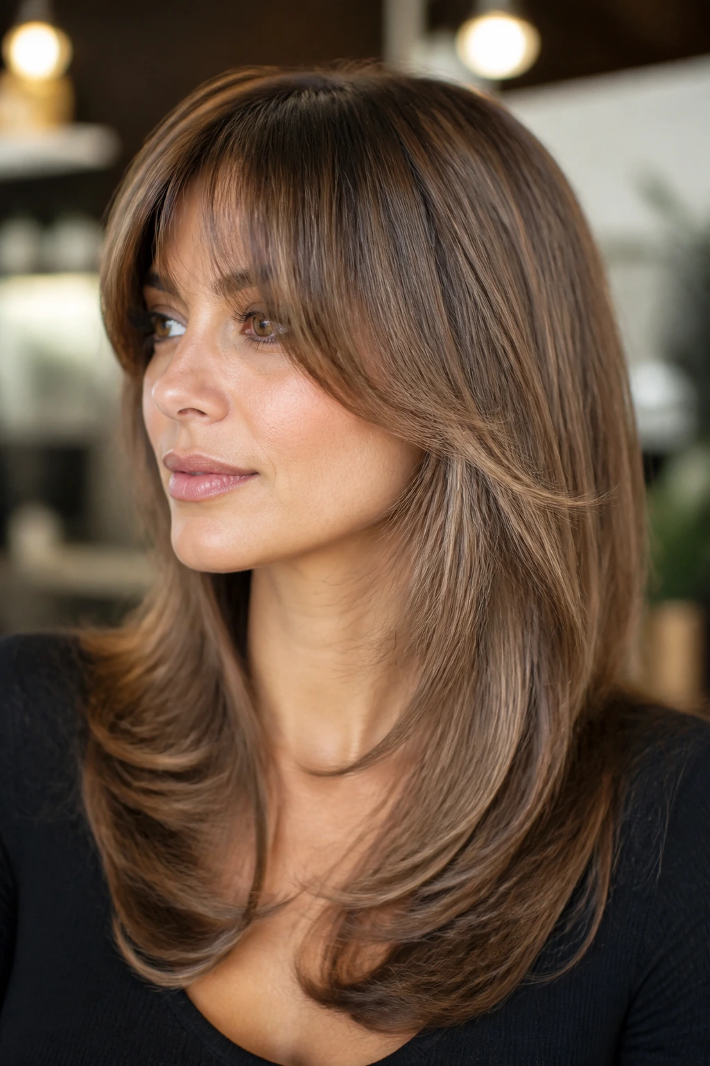 Portrait of a woman with polished feathered haircut in a chic salon