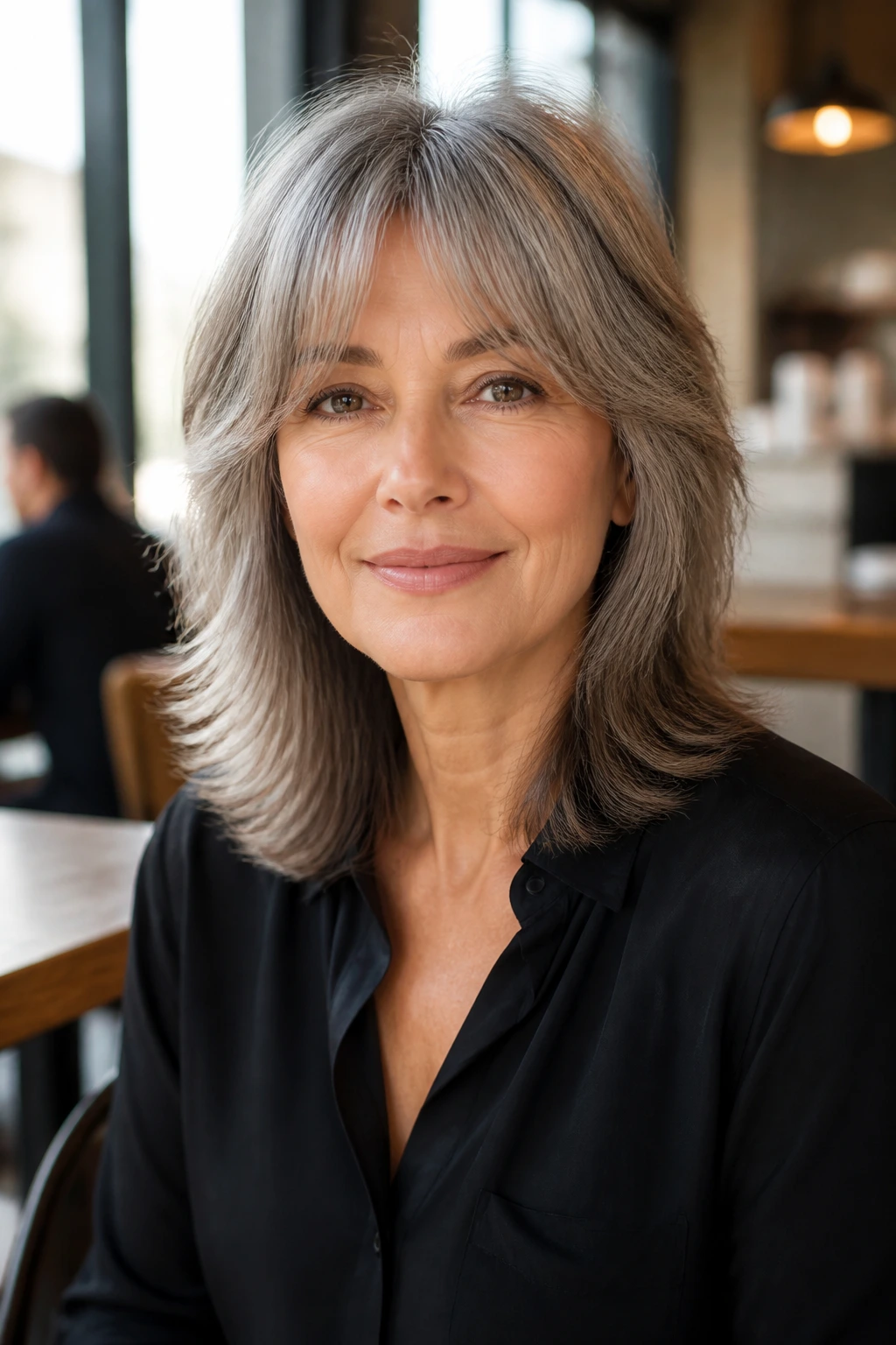 Portrait of real woman with polished feathered shag on straight hair and soft fringe.