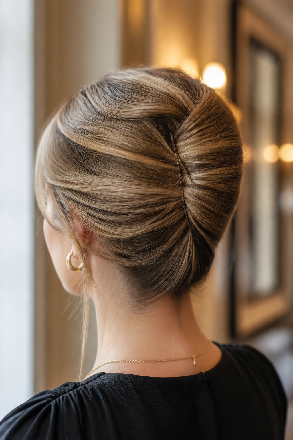 Close-up of a real woman with a polished French twist