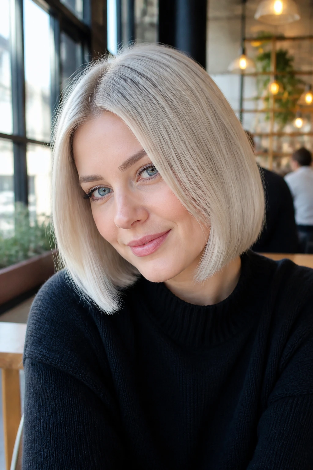 Close-up of a real woman with polished frost blonde hair in a sleek style