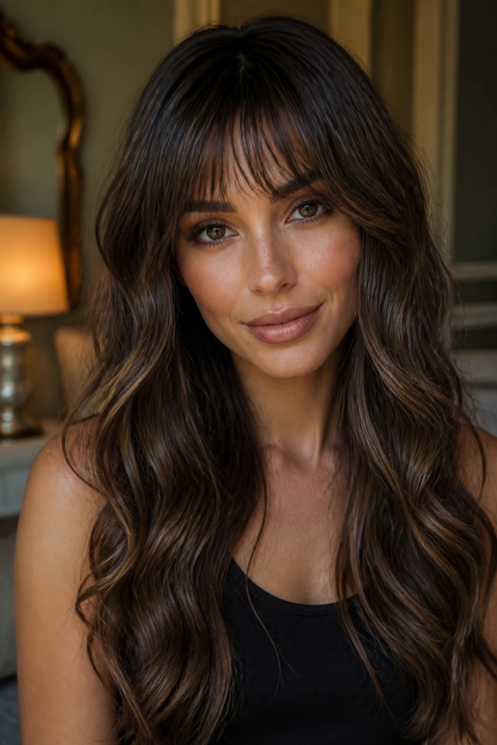 Real person with polished glam waves and a choppy fringe under warm light