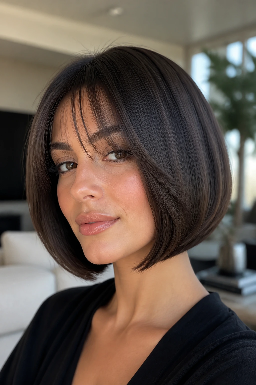 Close-up of a real woman with a polished glass butterfly bob and wispy bangs in natural light