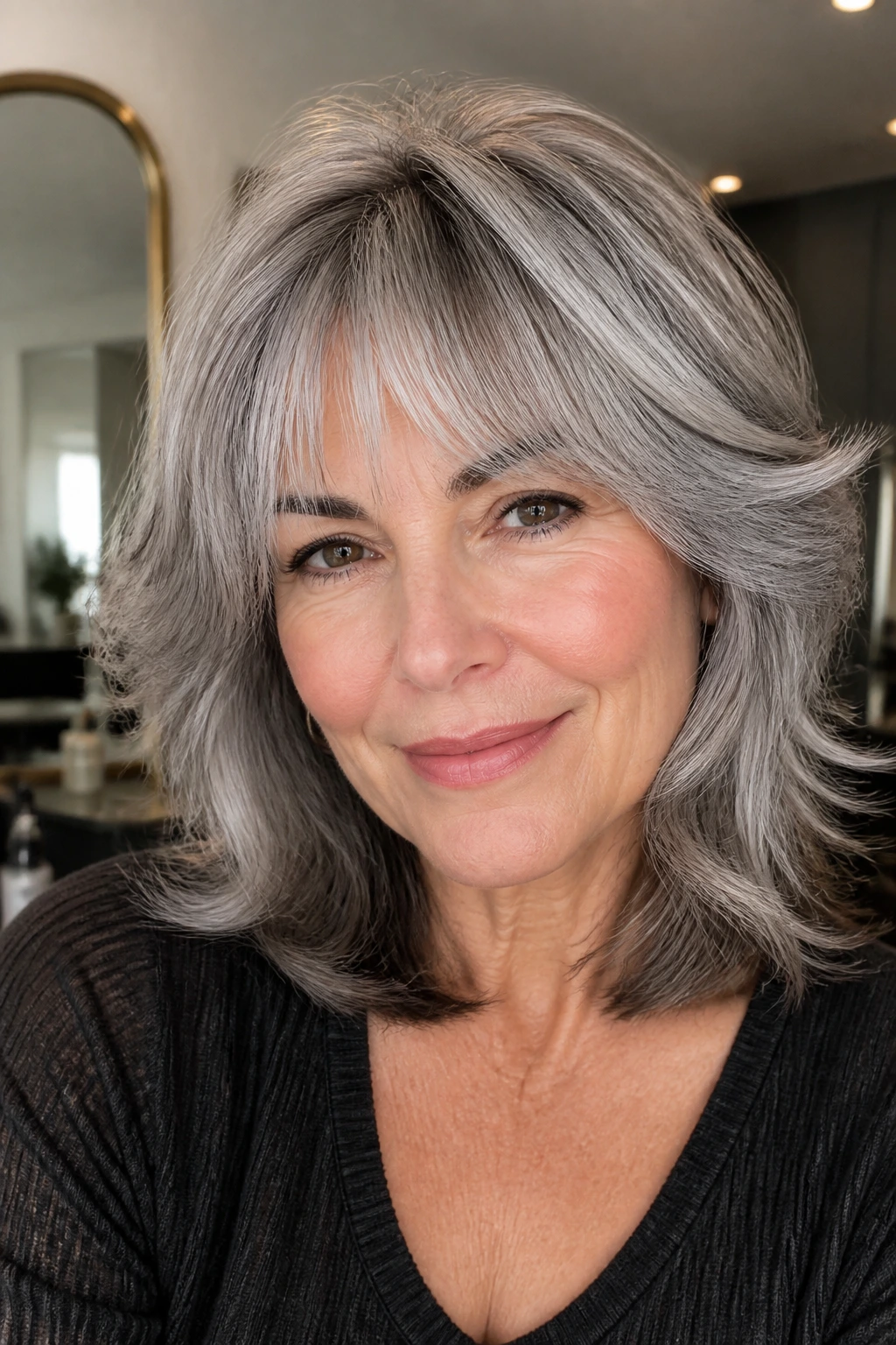 Close-up of a real woman with a polished gray shag hairstyle
