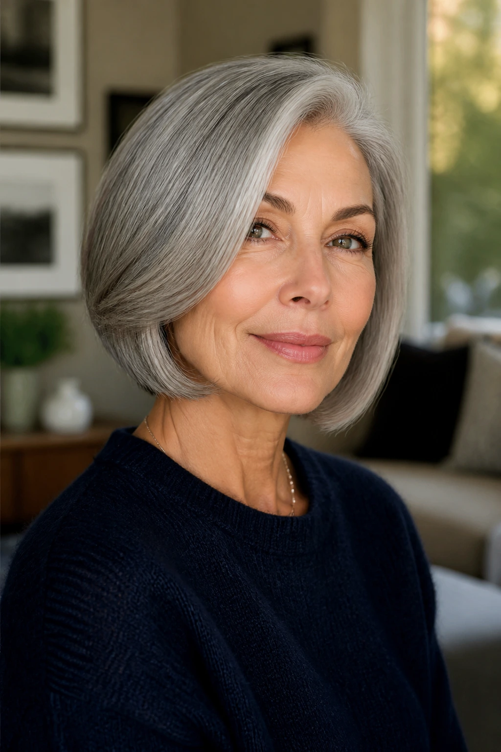 Close-up of polished gray hair on a real woman
