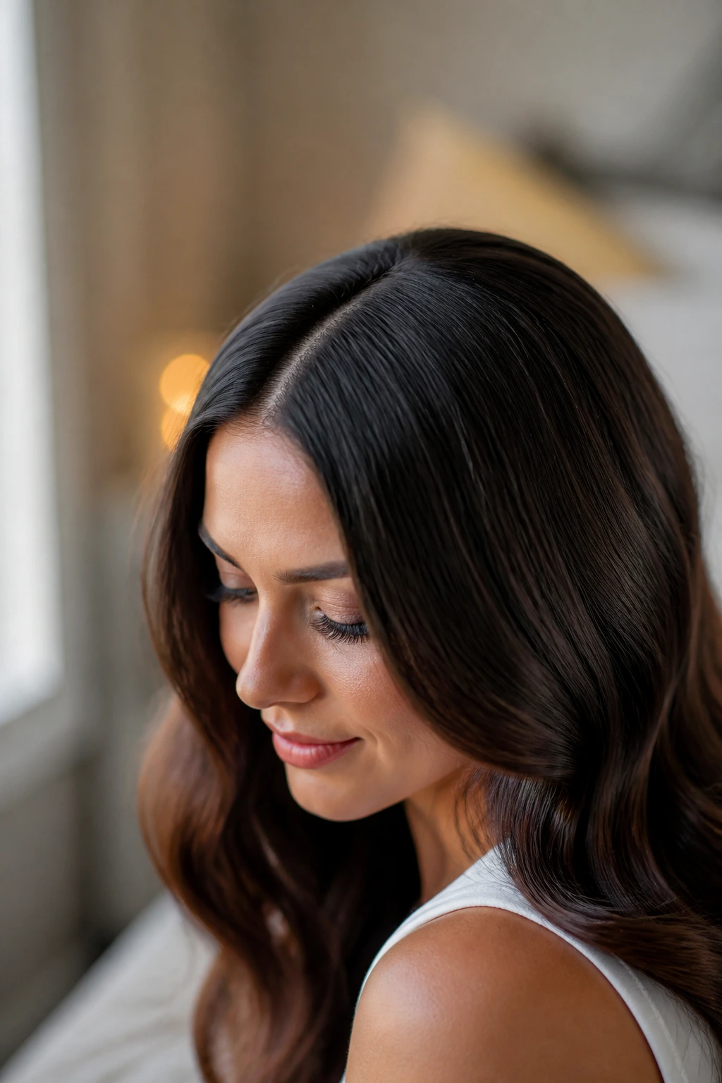 Close-up of hair with a smooth crown and clean part showing polish.