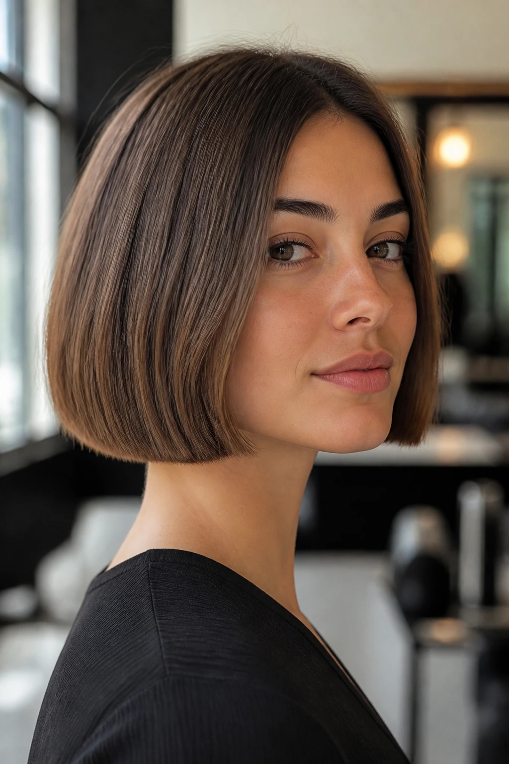 Close-up portrait of a person with a jaw-length blunt bob showing a crisp perimeter