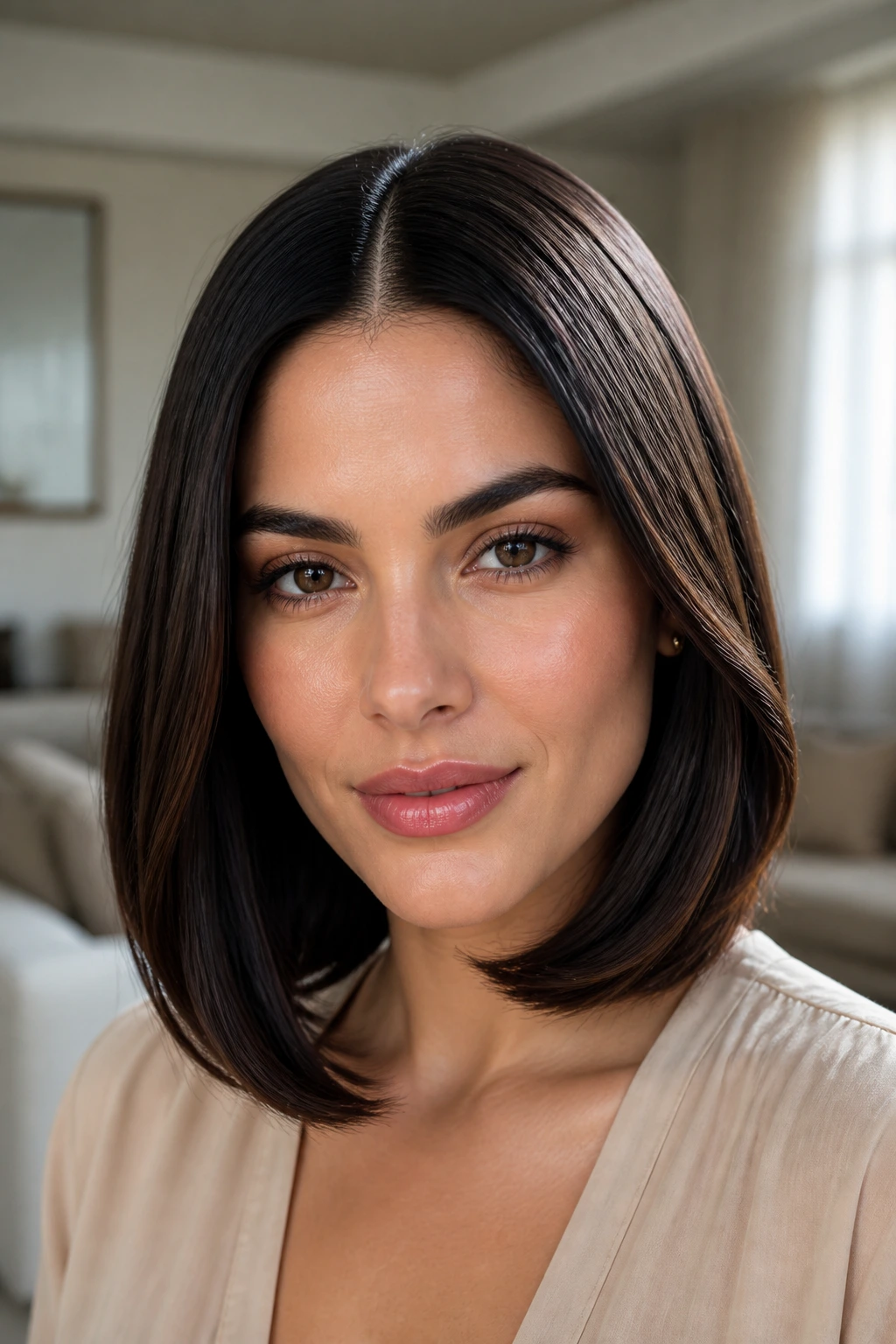 Close-up of a real woman with a sleek polished hairstyle and middle part
