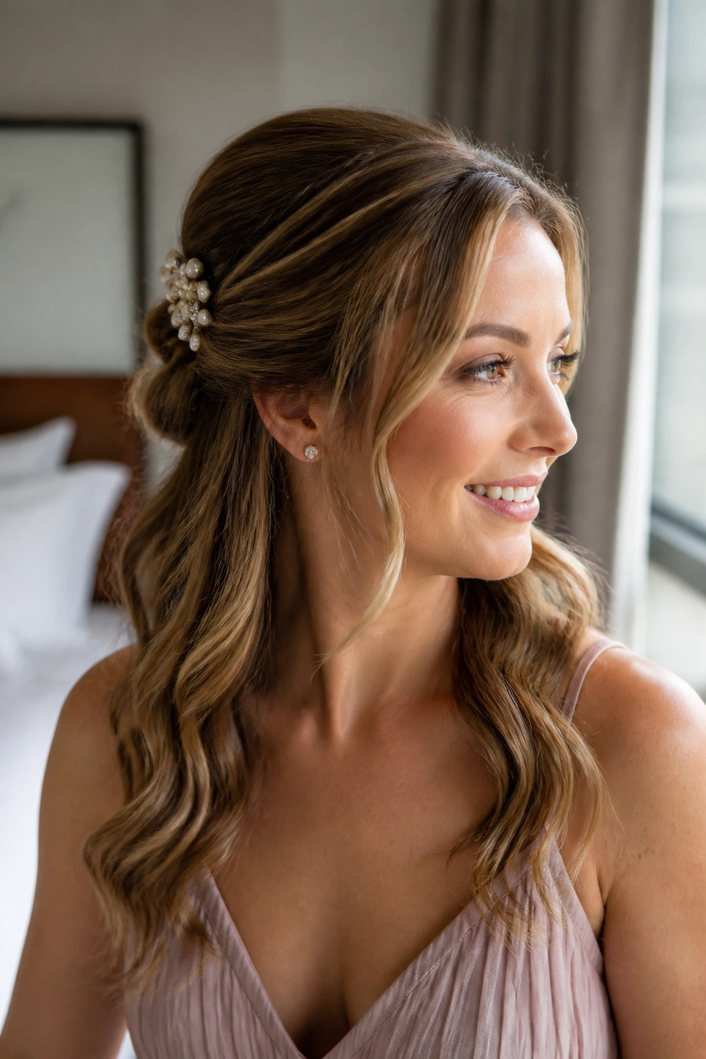 Bridesmaid with polished half-up hairstyle and pearl clip