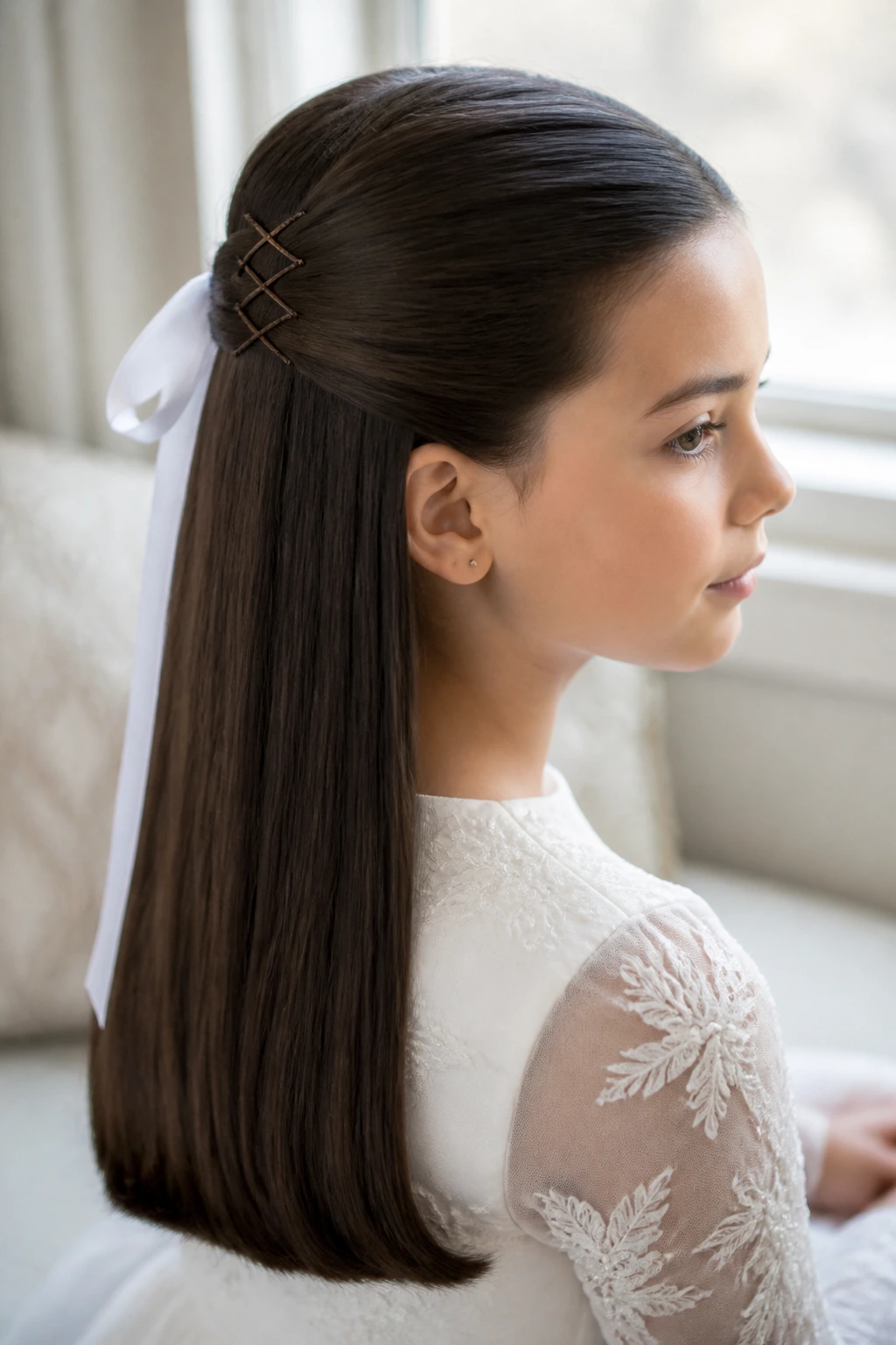Close-up of very straight hair styled in a polished half-up with crisscross pins