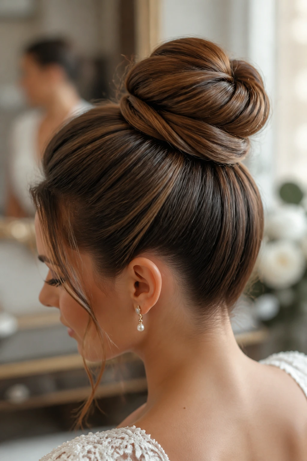Close-up portrait of a bride's head with a polished high bun wrapped at the base