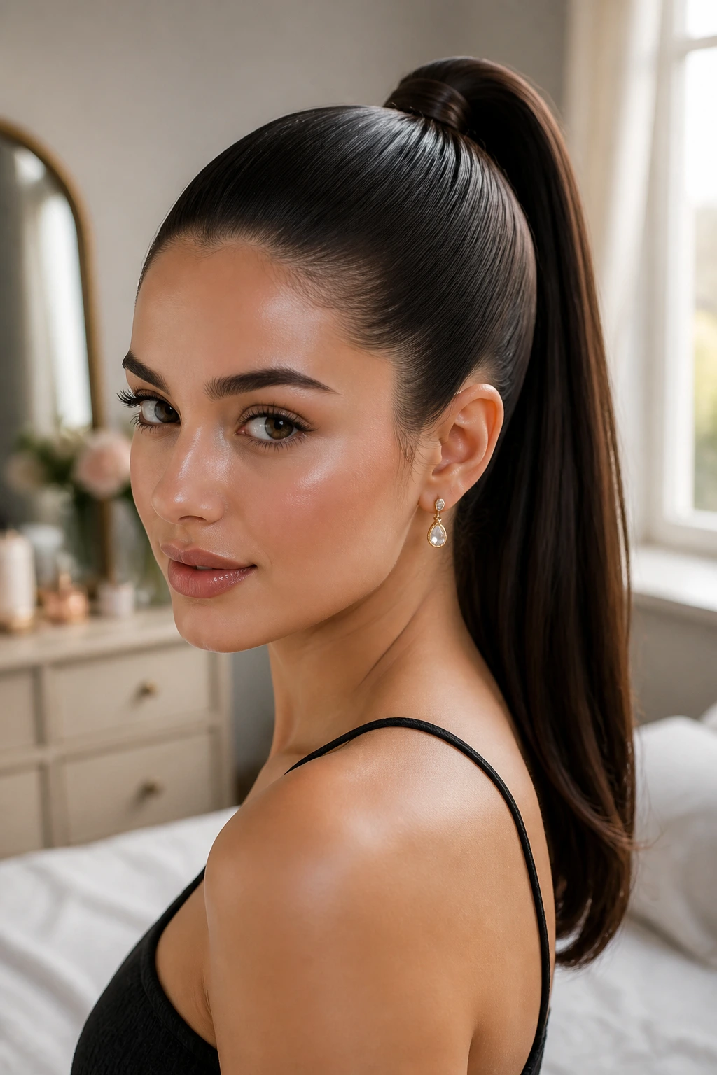 Close-up of a real woman with a sleek high ponytail and wrapped base in natural window light