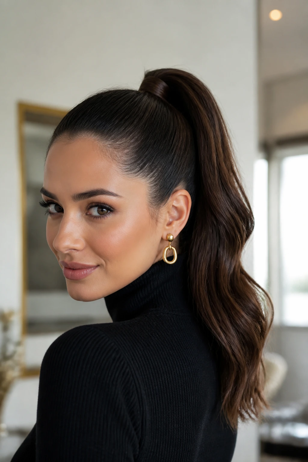 Portrait of a woman with a polished high ponytail