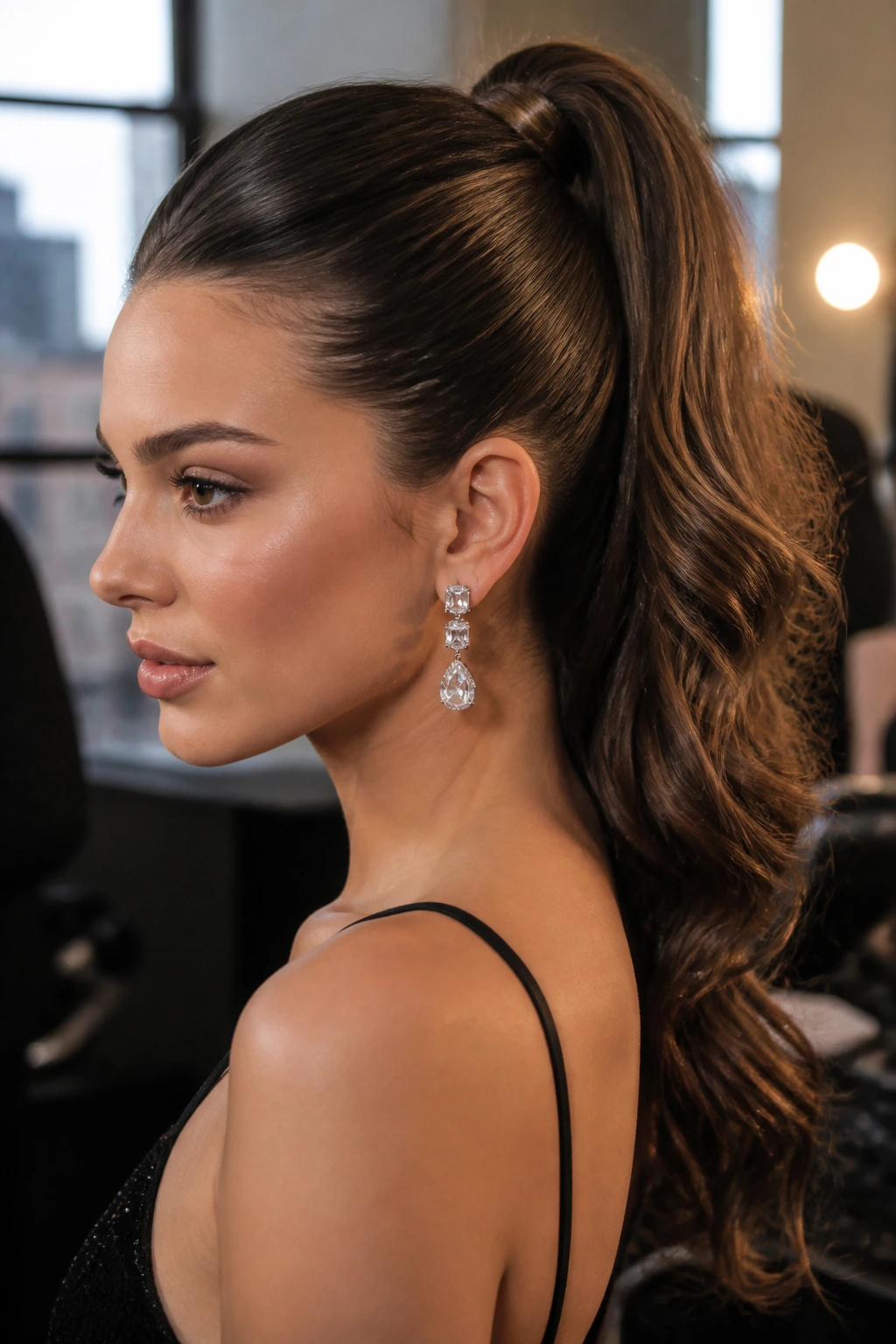 Close-up of a woman with a polished high ponytail and curled ends