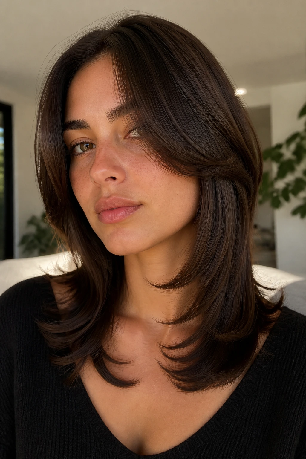 Close-up portrait of a real woman with polished Italian shag in a sunlit room