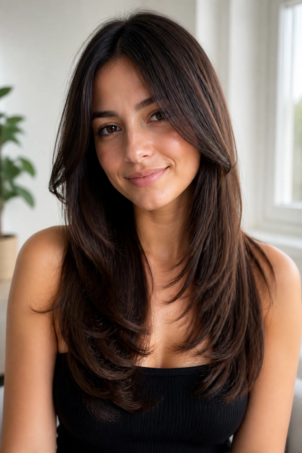 Portrait of person with straight polished layered haircut showing smooth, long layers