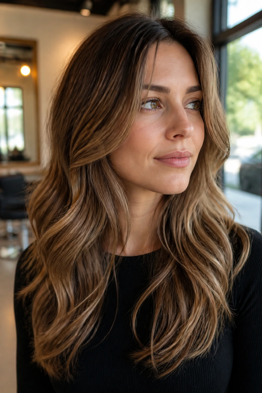 Close-up of a real woman with a polished layered haircut showing long blended layers and movement