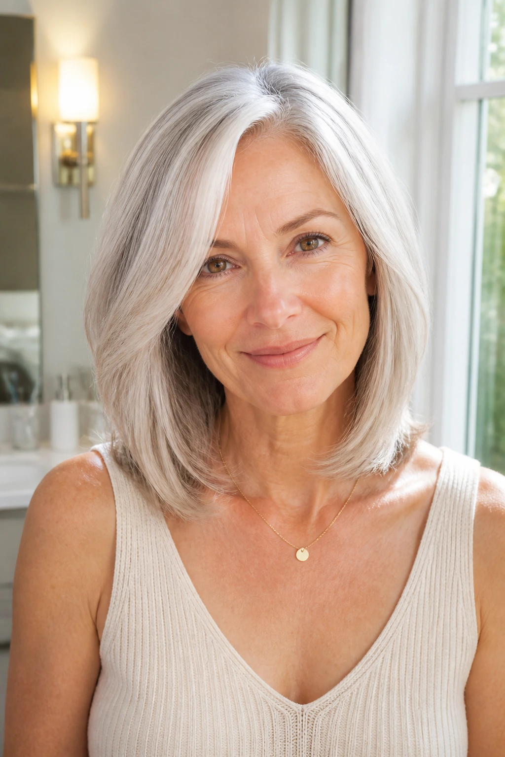 Portrait of a woman with a polished, shiny layered lob
