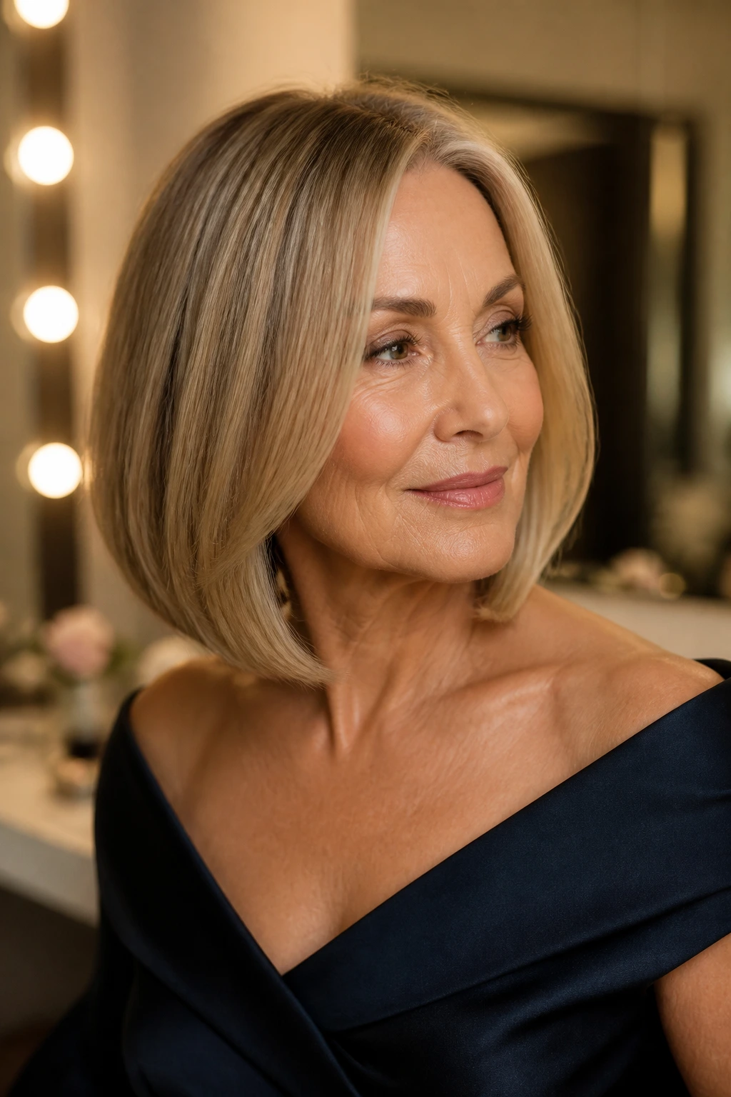 Close-up of a woman with a polished event-ready lob under soft lighting