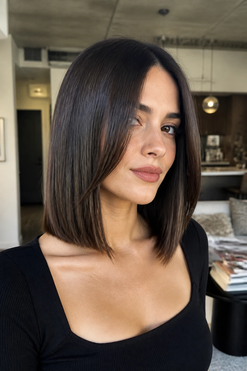 Close-up portrait of a woman with a polished one-length lob and long front pieces