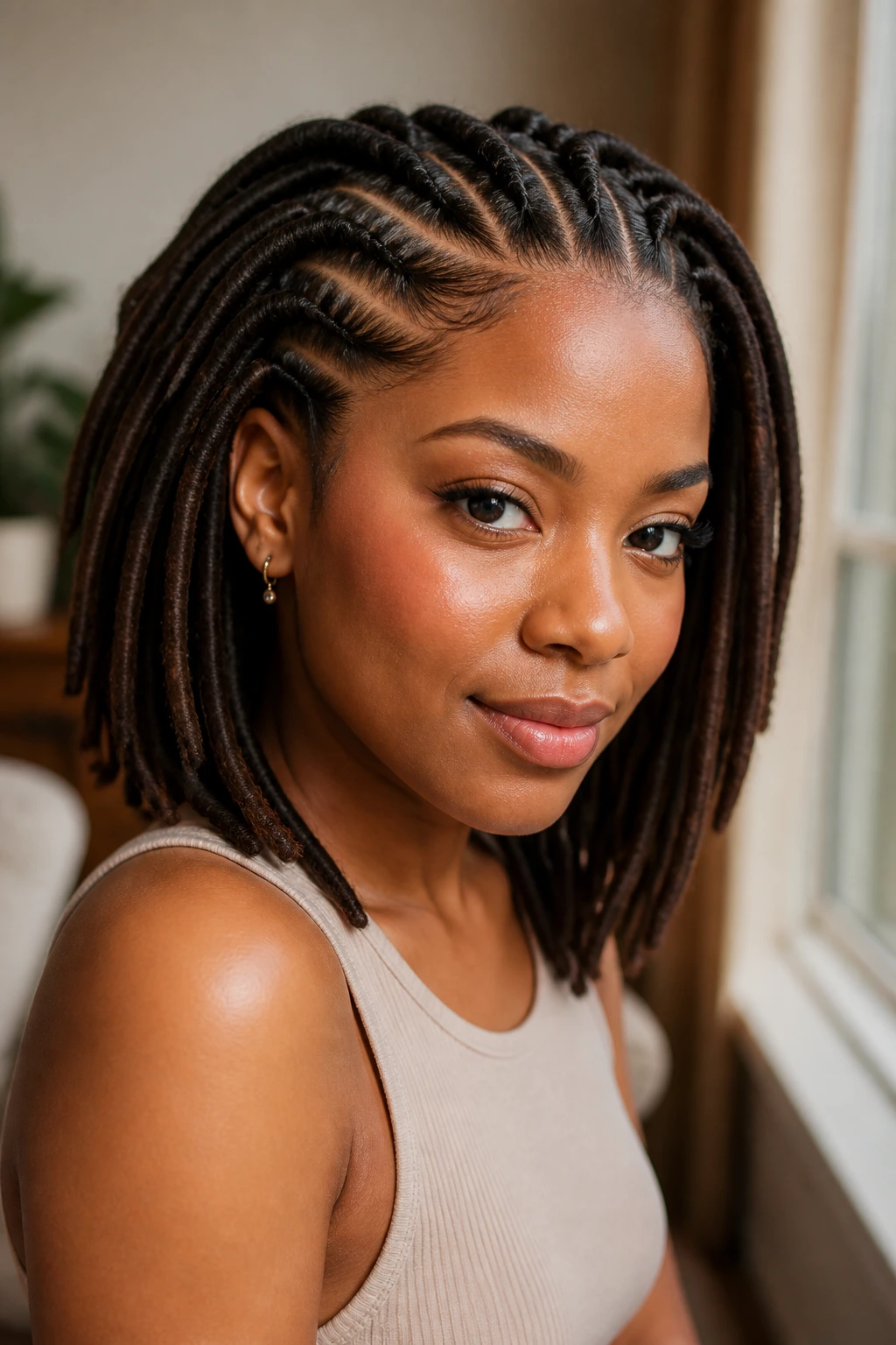 Close-up portrait of a real person with a polished loc style and sharp side part