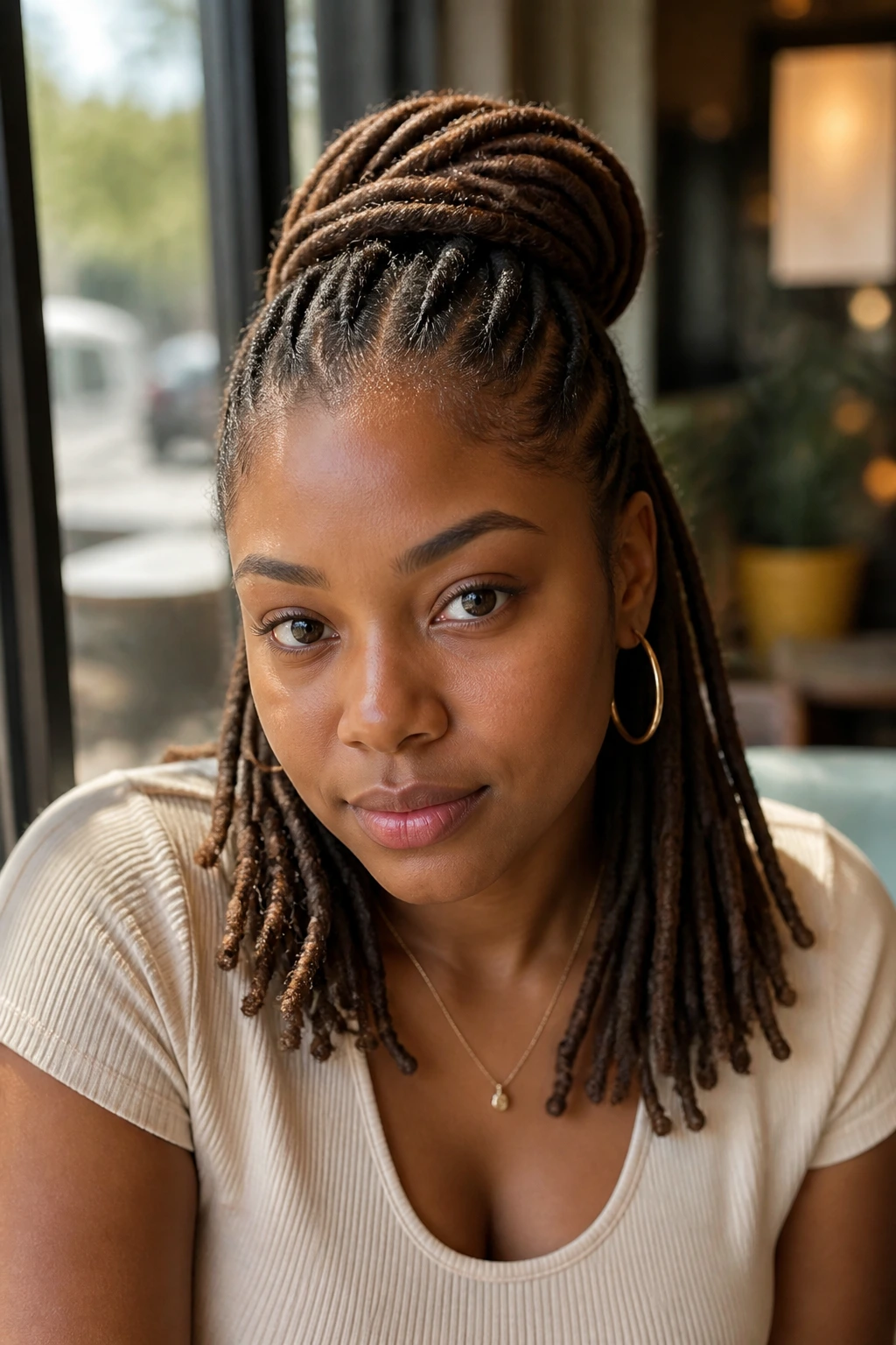 Close-up portrait of a real woman with polished locs in a cafe setting.