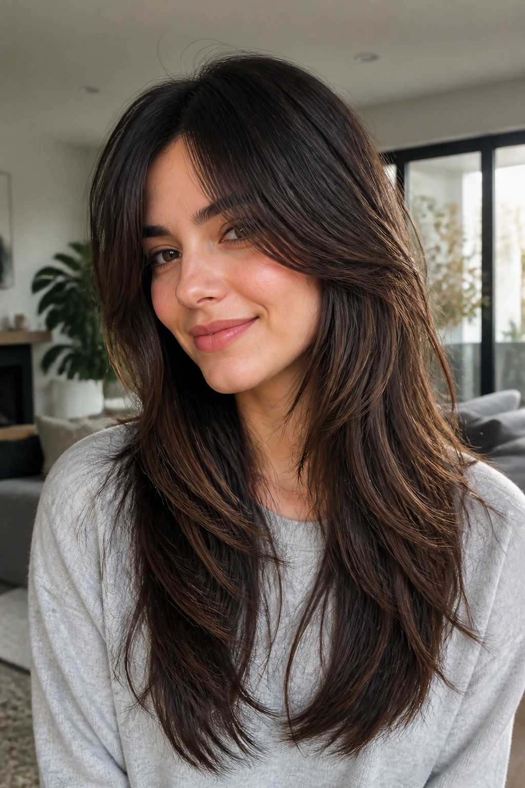 Portrait of a real person with polished long shag showing hidden underlayers