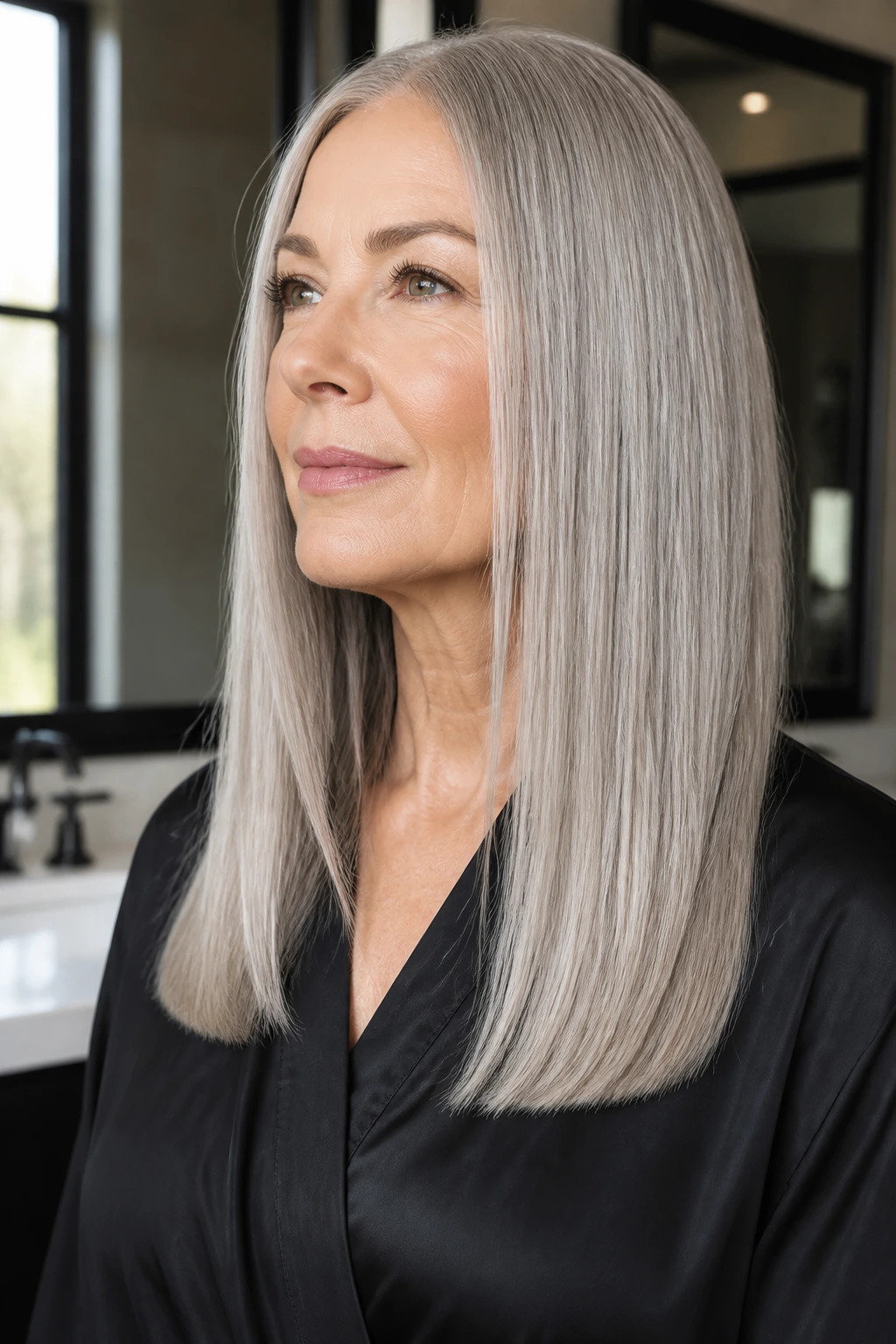 Portrait of a real woman with a crisp, polished long straight cut and defined ends