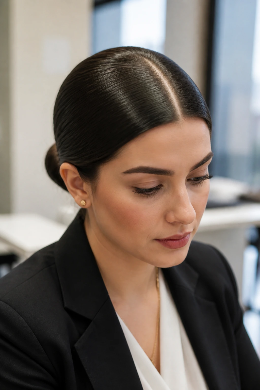 Portrait of a woman with a polished low bun and a visible center part
