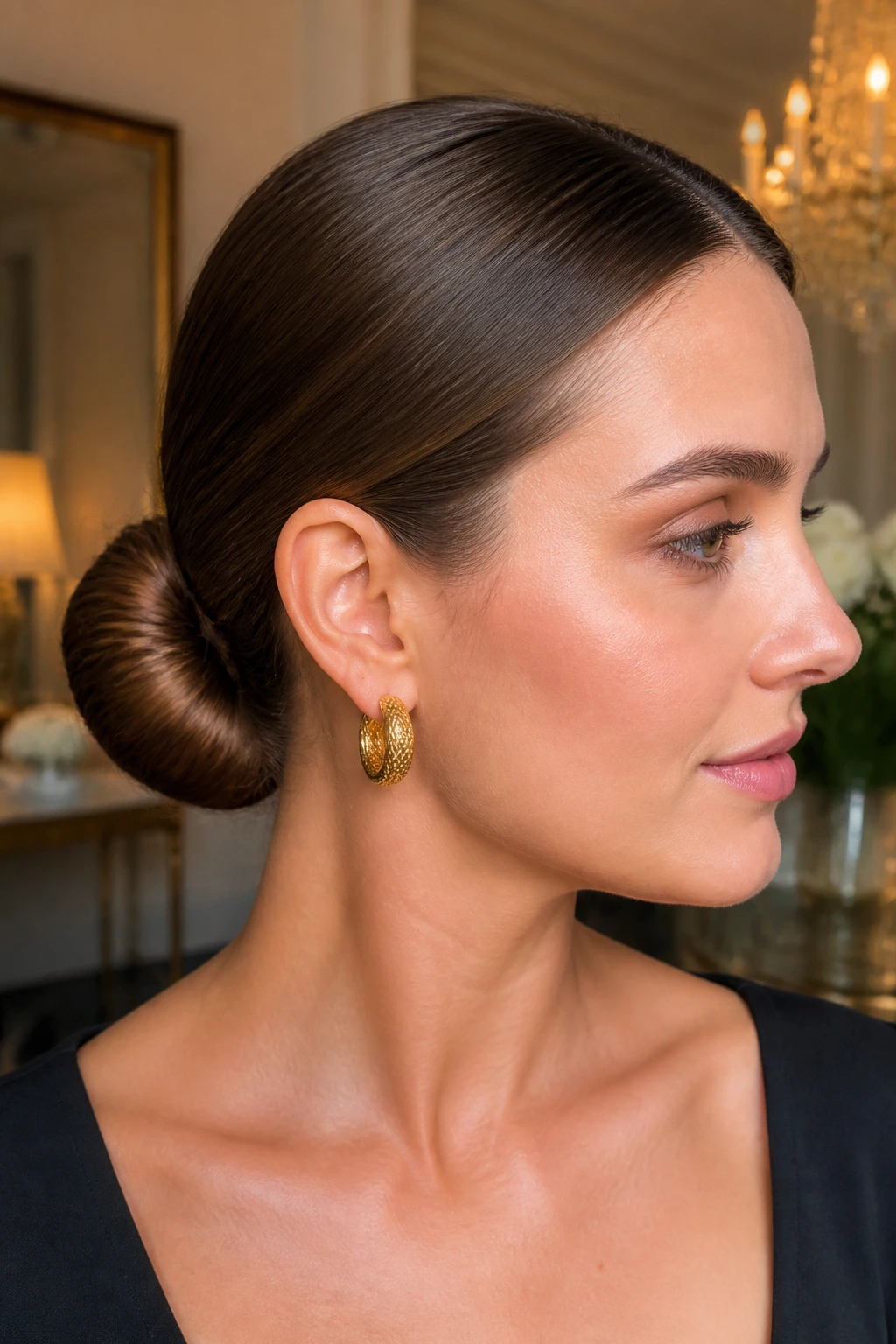 Close-up of a real woman with a polished low bun at the nape.