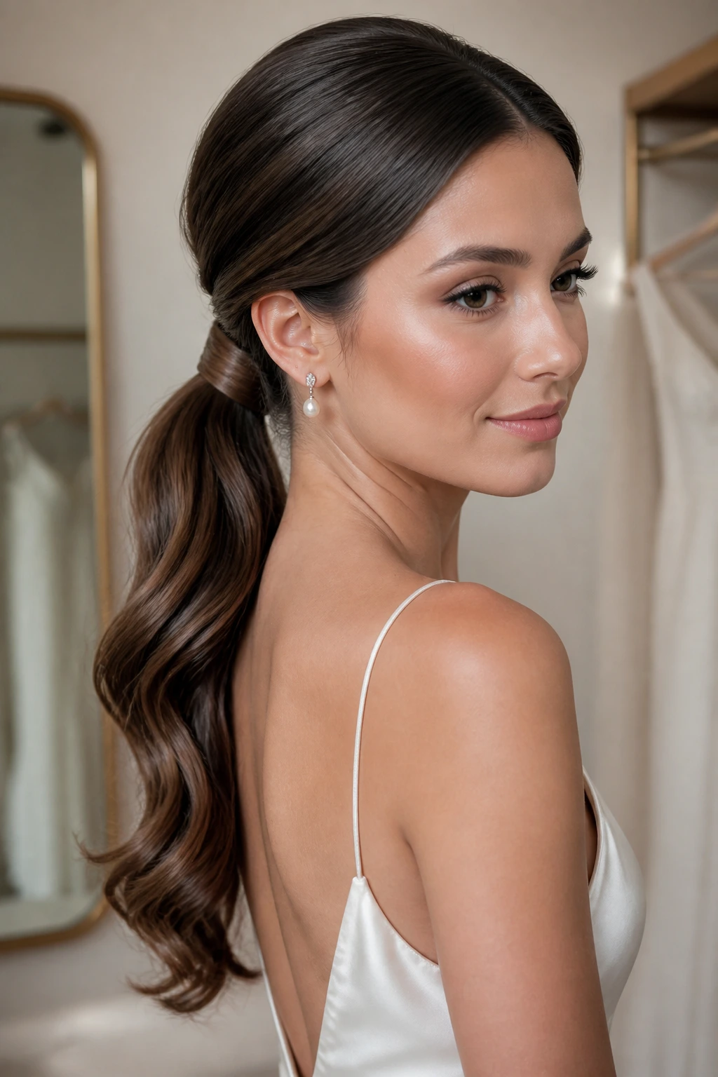 Close-up of a real bride with a polished low ponytail wrapped at the base