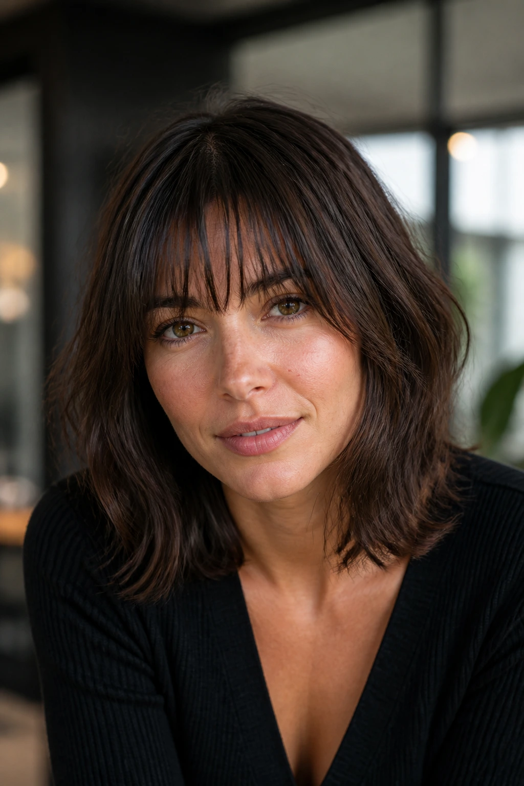 Real woman with a polished medium cut and wispy fringe.