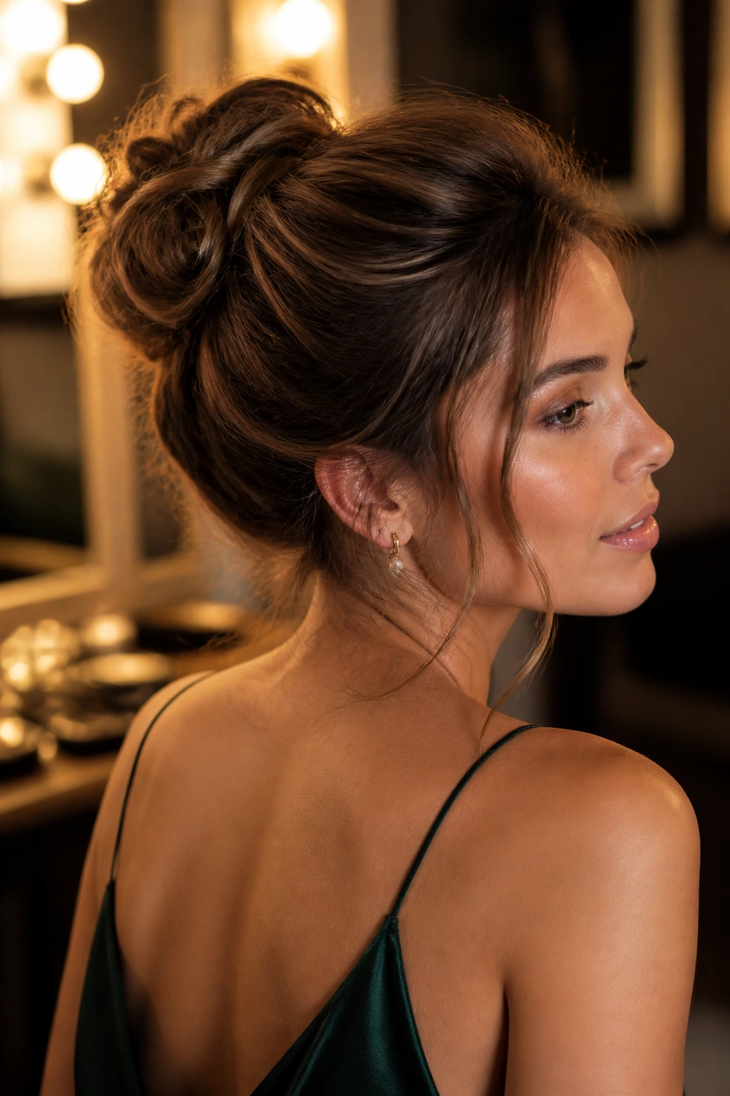 Polished messy event bun on a real woman in an elegant setting.