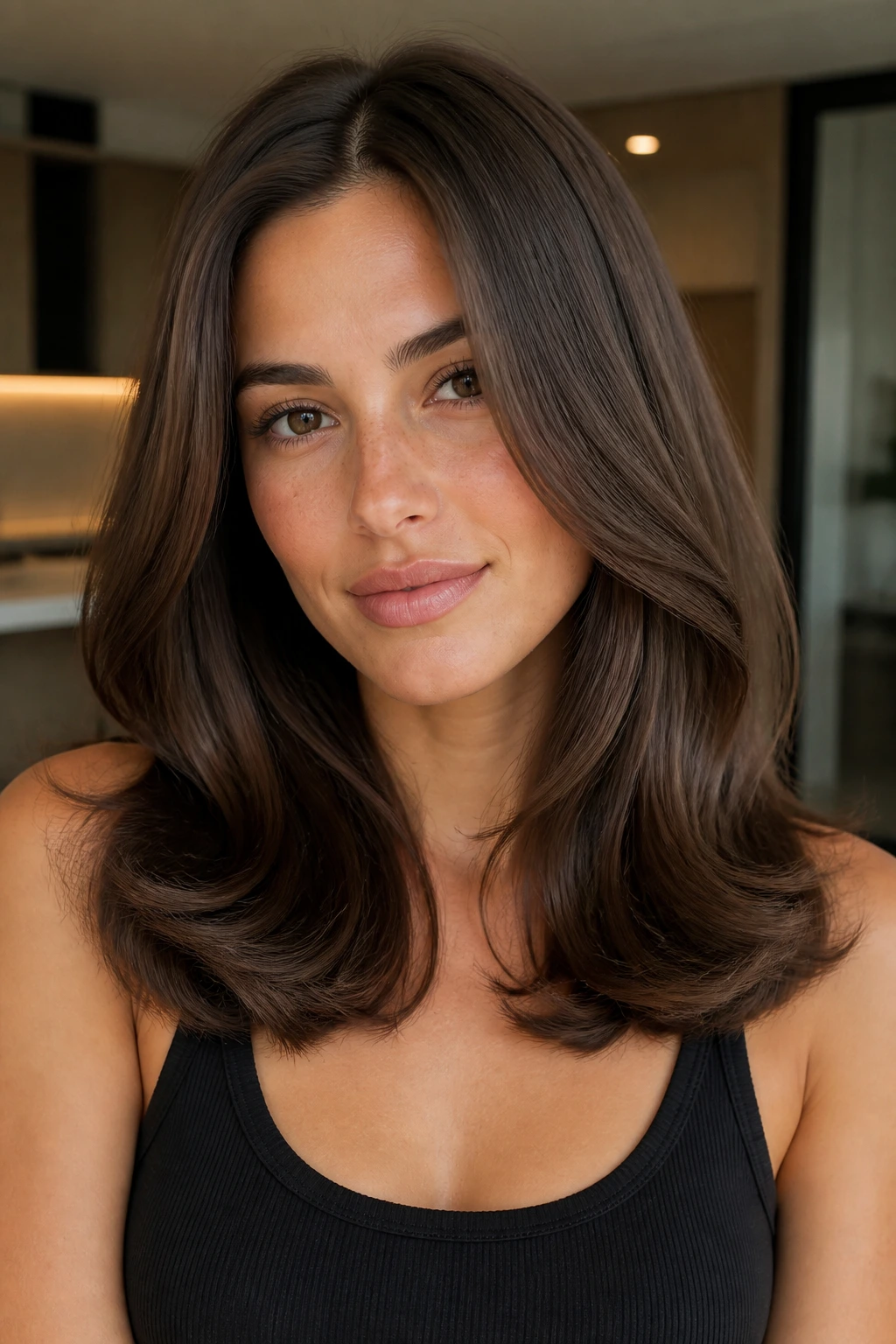 Close-up of a real woman with a polished middle-part blowout