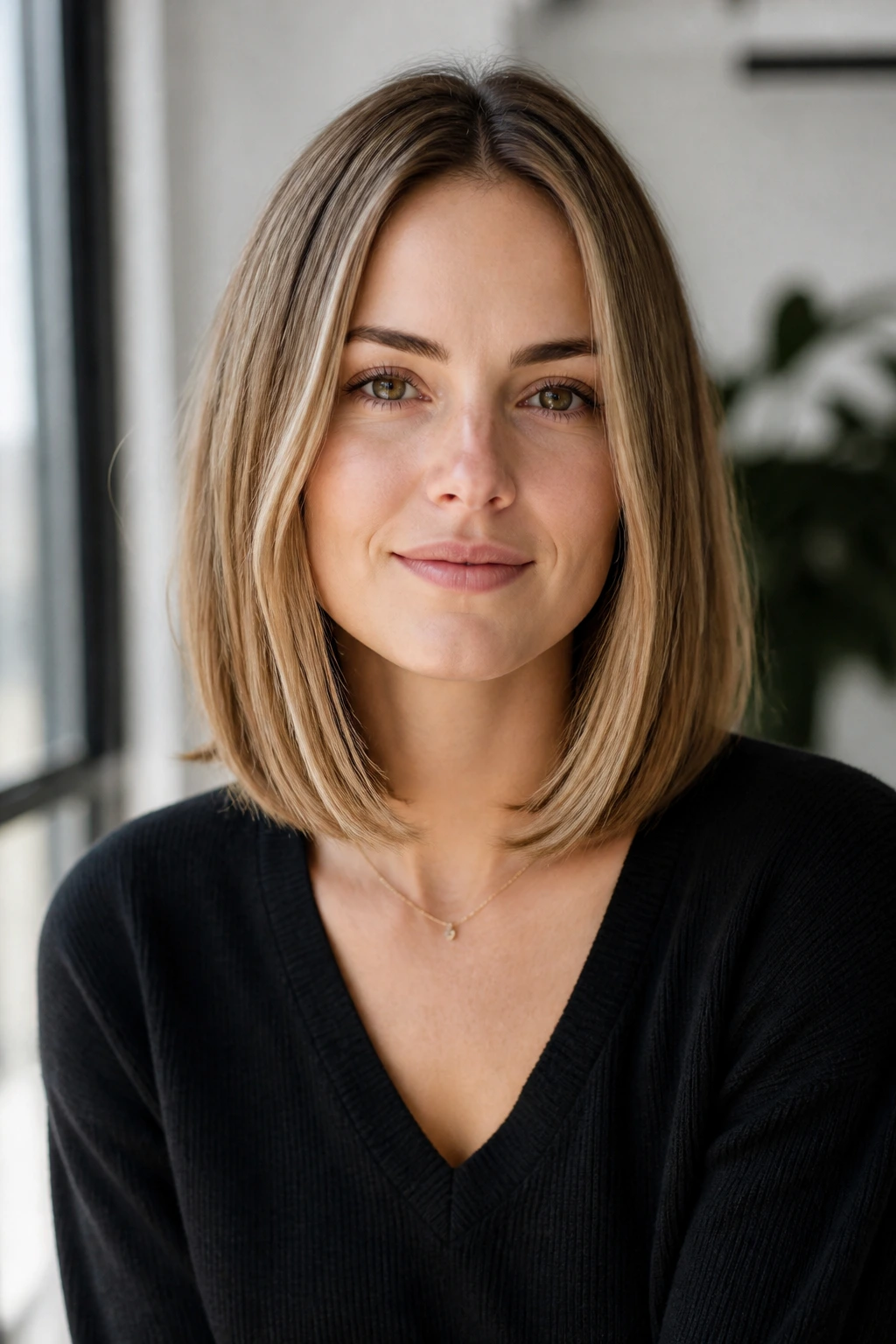 Portrait of woman with a polished minimal lob, sleek ends.