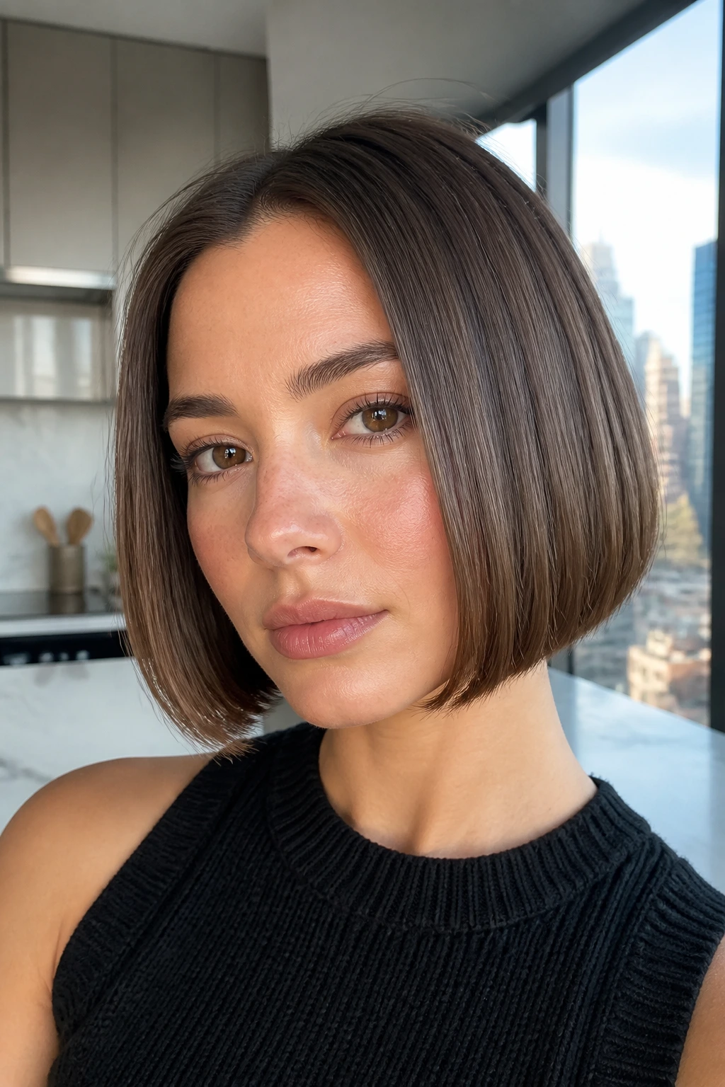 Close-up portrait of a real woman with a polished minimal-texture blunt bob in daylight