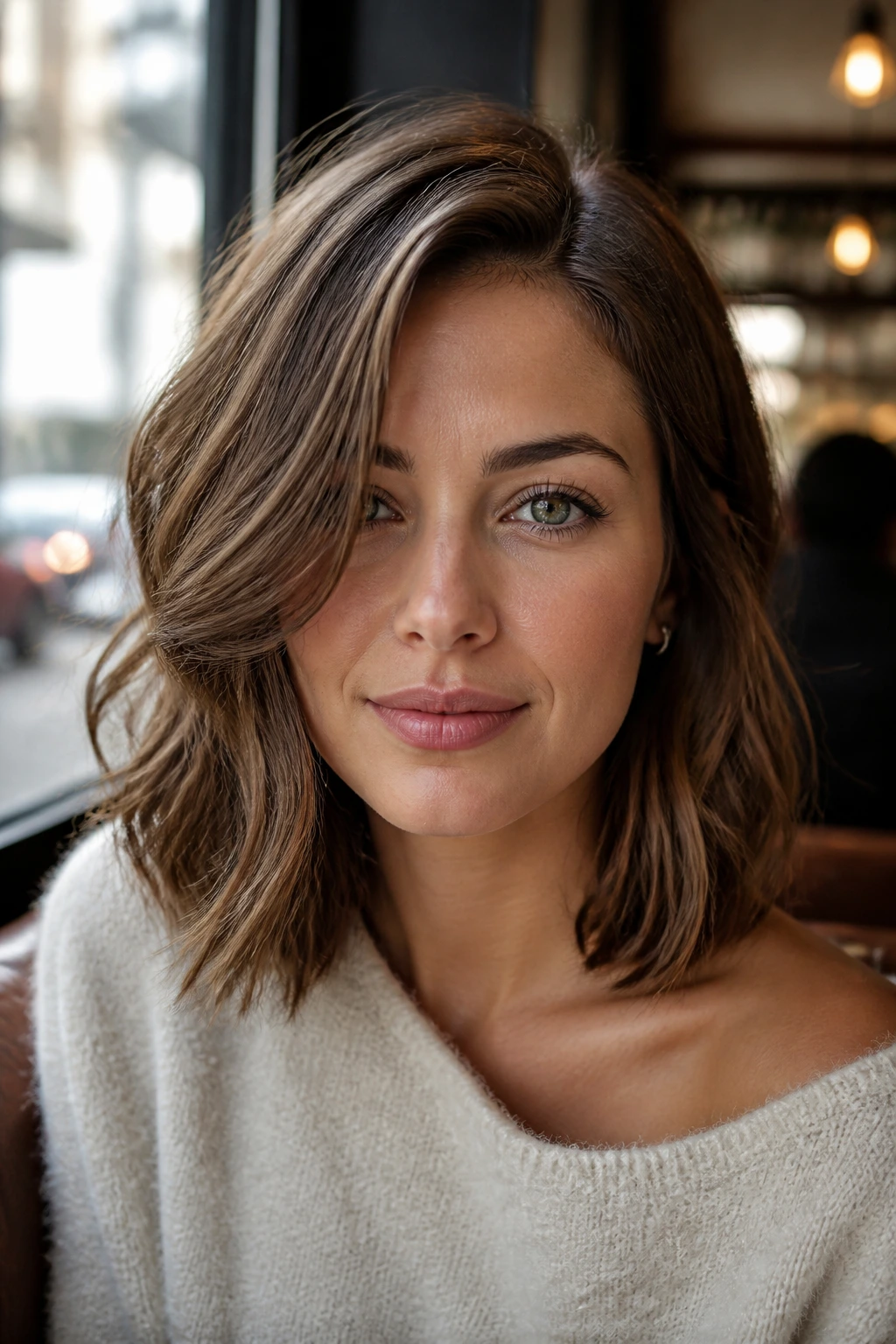 Close-up of a real woman with a polished off-center lob and soft waves