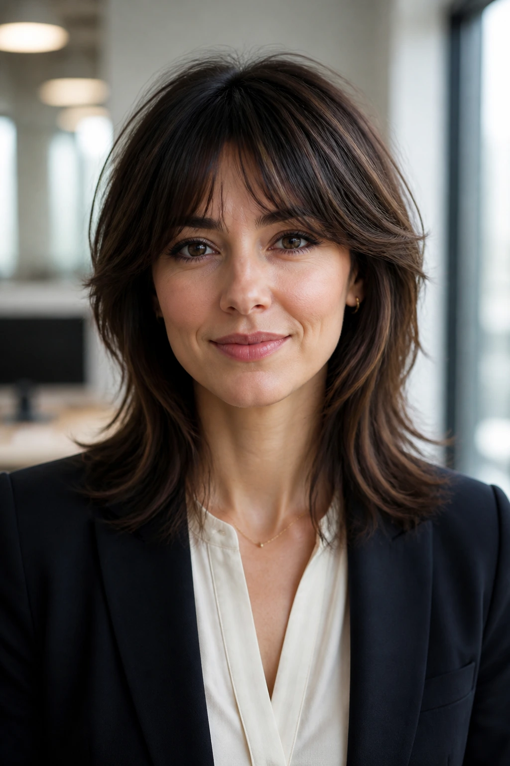 Close-up portrait of a real person with polished office shag in a modern workspace