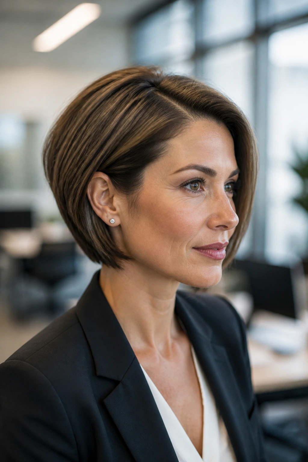Real woman with a neat stacked bob suitable for office environment