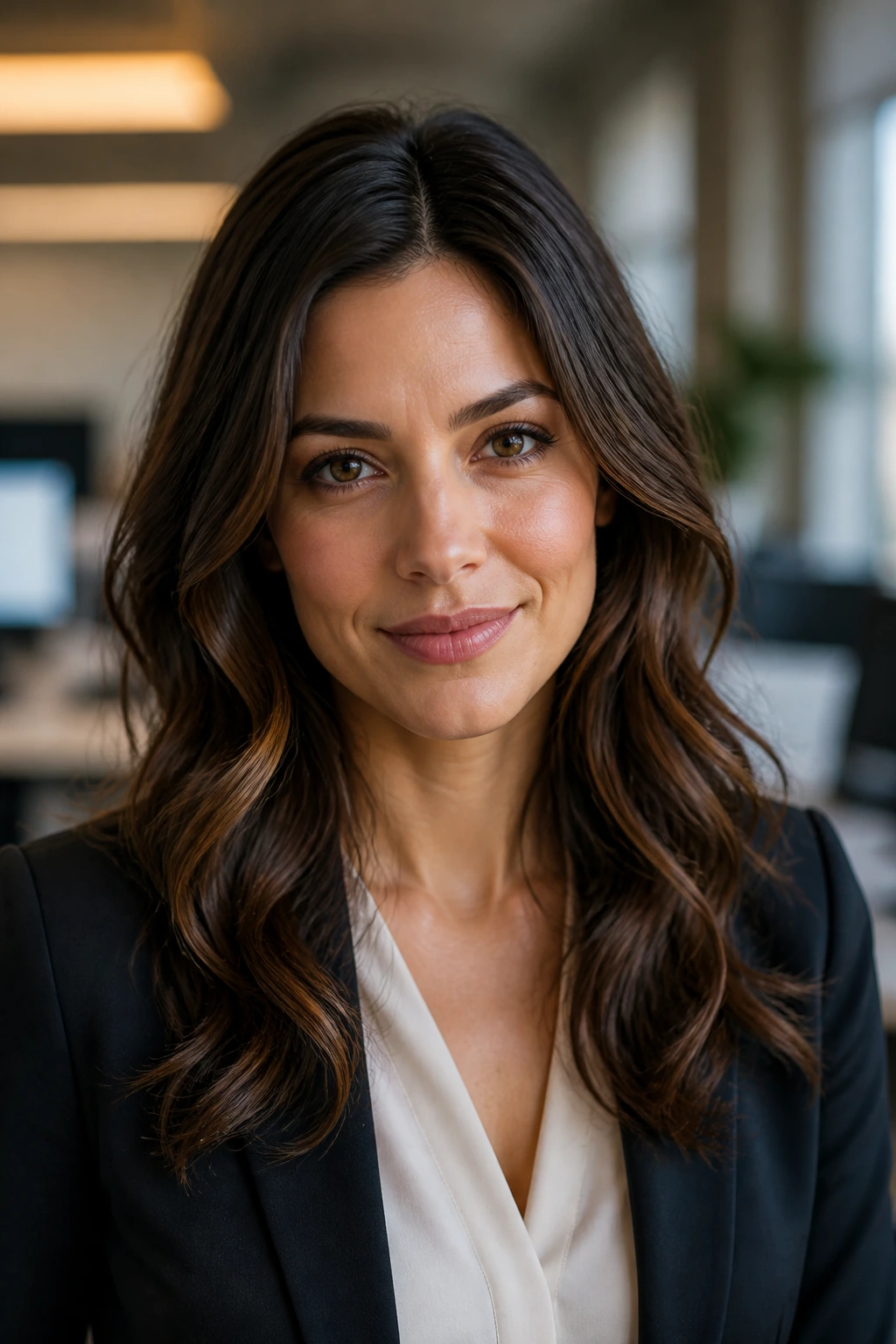 Close-up of a real woman with Polished Office Waves in a modern office