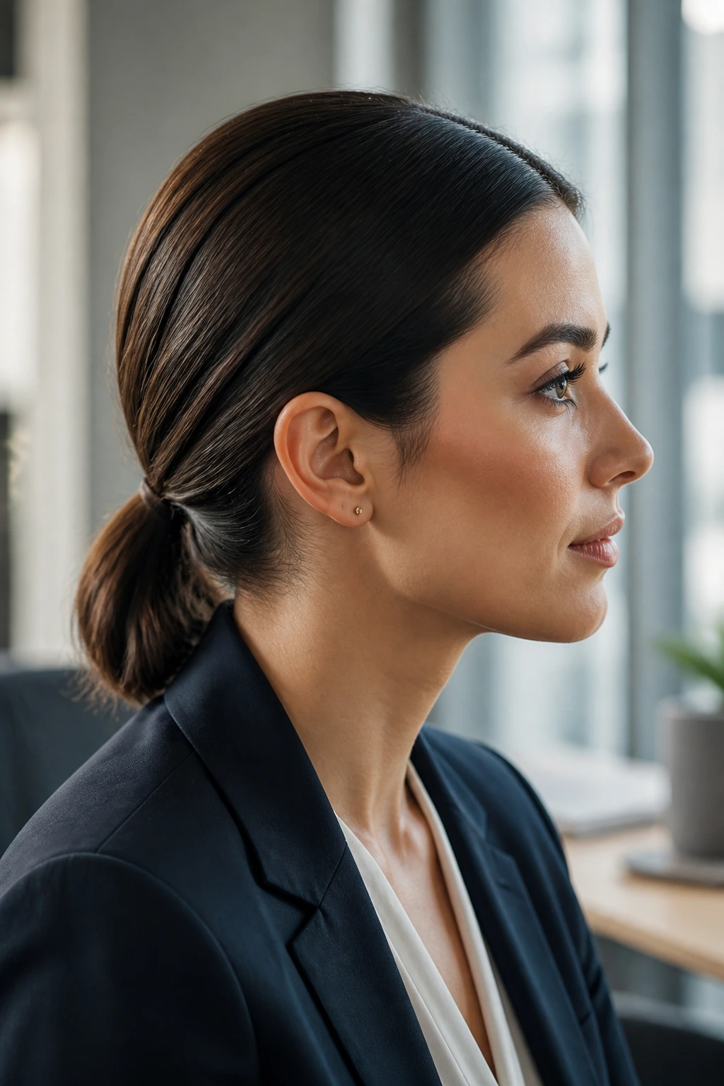 Profile of a real woman with a polished workday pony in an office