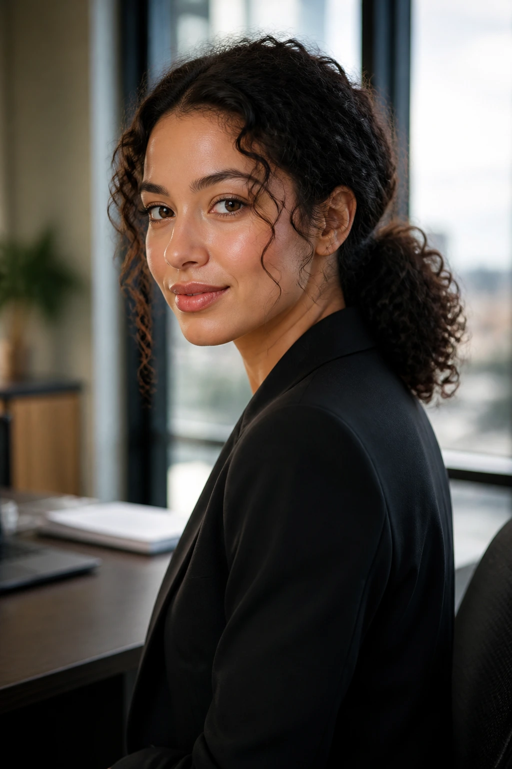 Real woman with polished low curly ponytail in an office setting
