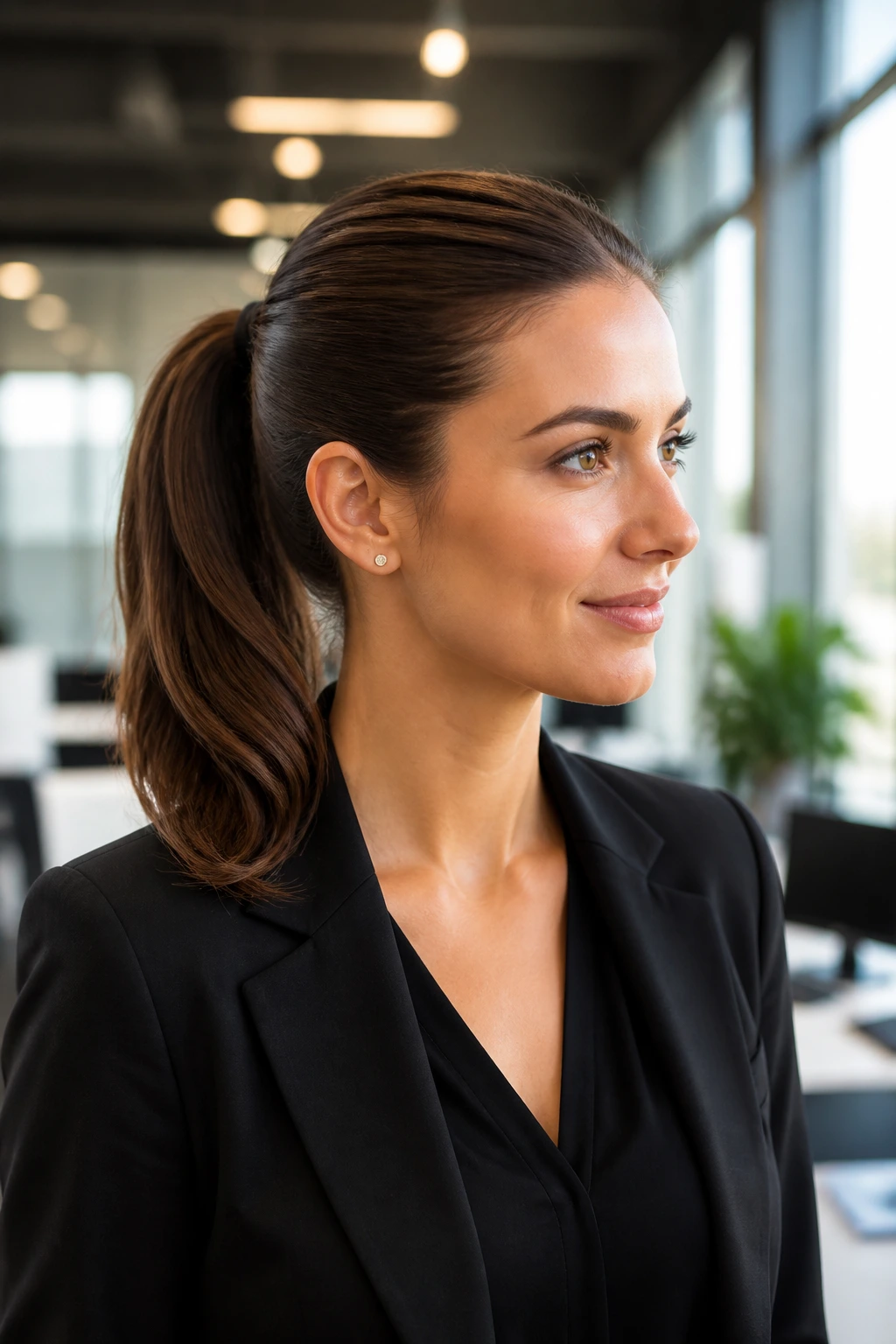 Portrait of a real woman with a polished ponytail in a modern office