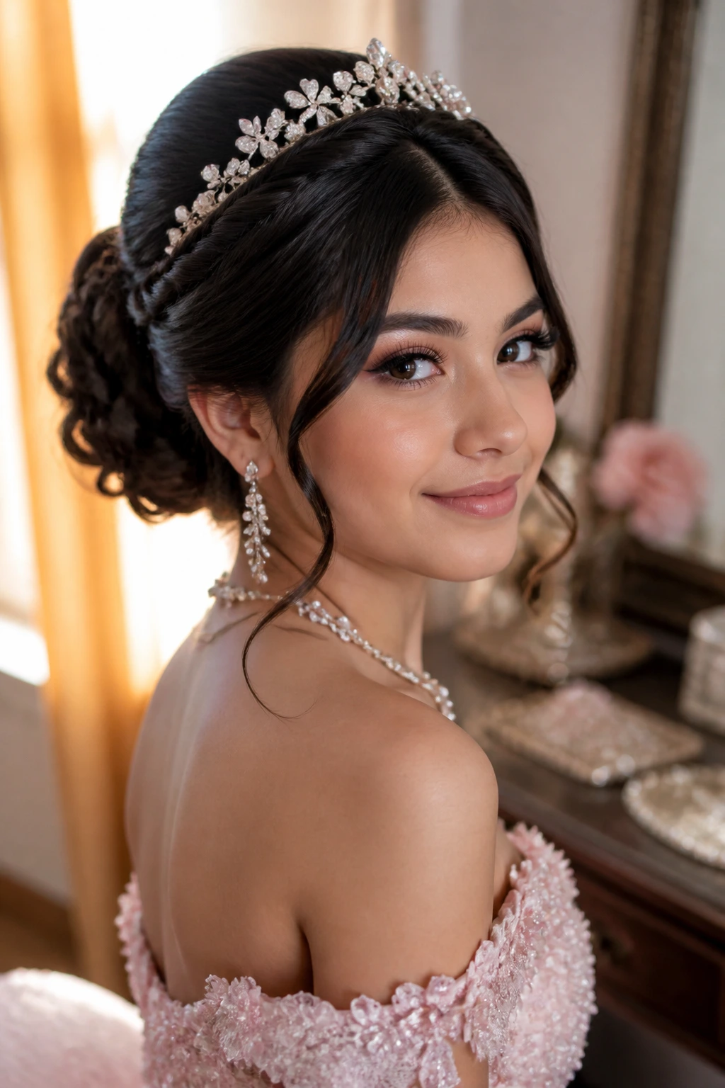 Close-up portrait of a real teenage girl with a crisp part and polished quinceañera hairstyle