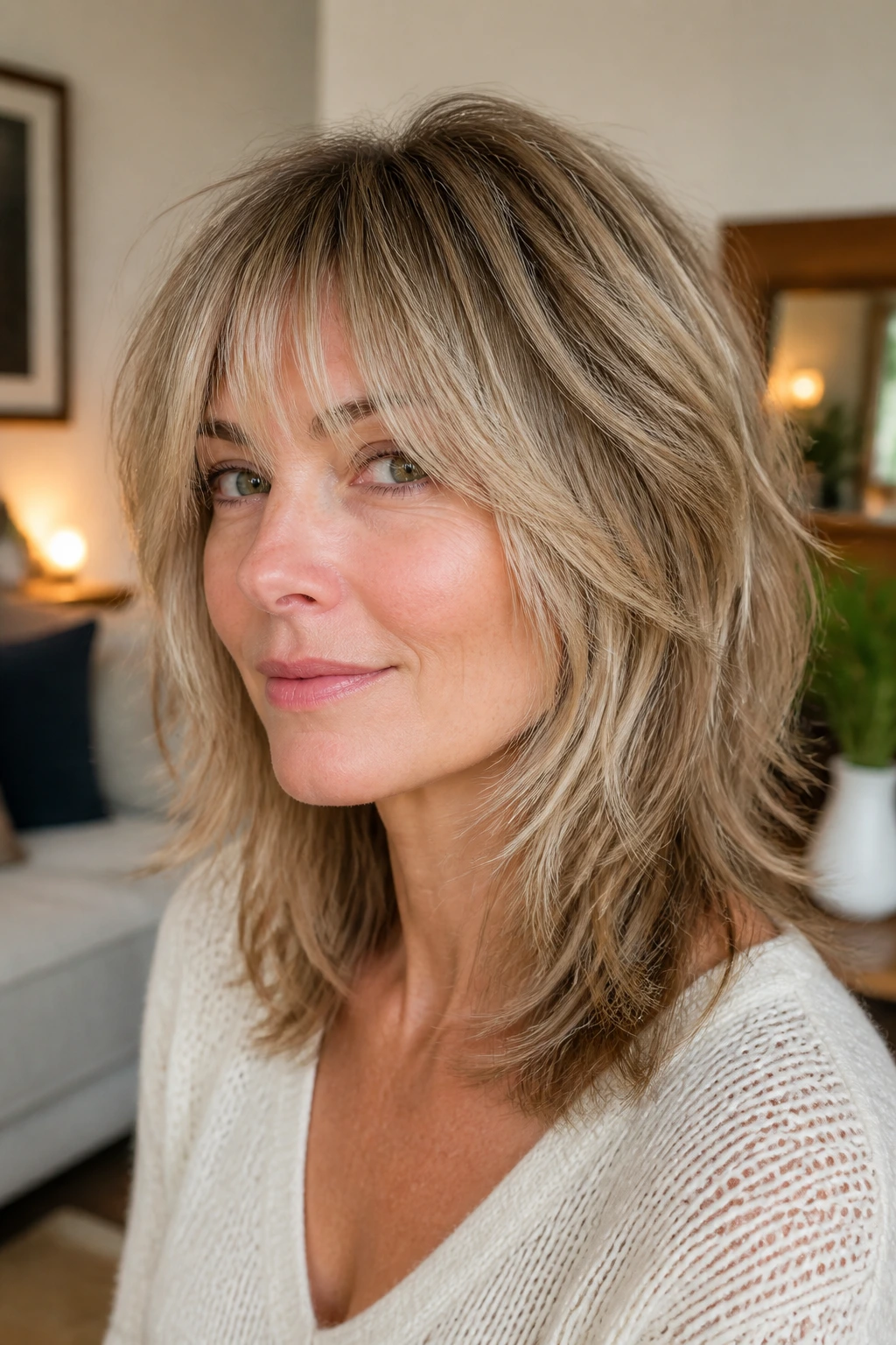 Close-up of a real person with polished razor shag showing crisp perimeter