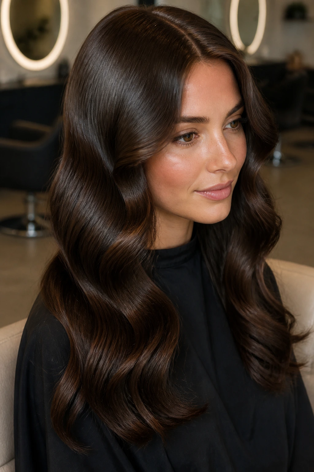 Close-up of a real person with polished S-shaped waves hugging the head