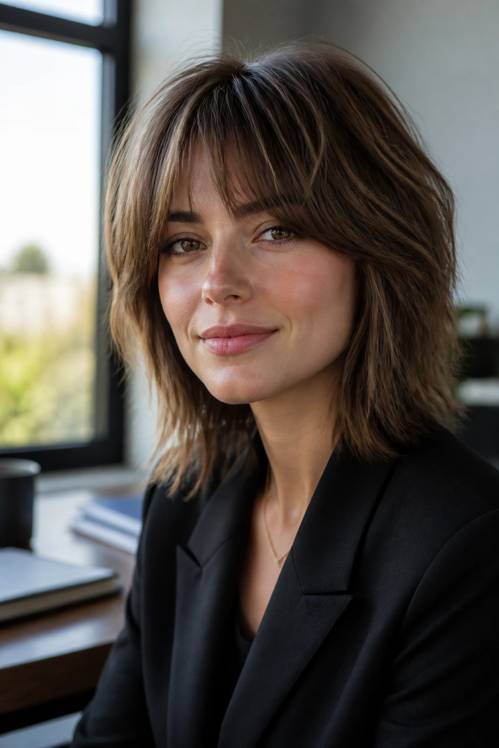 Close-up portrait of a real woman with an office-friendly polished shag in a bright office