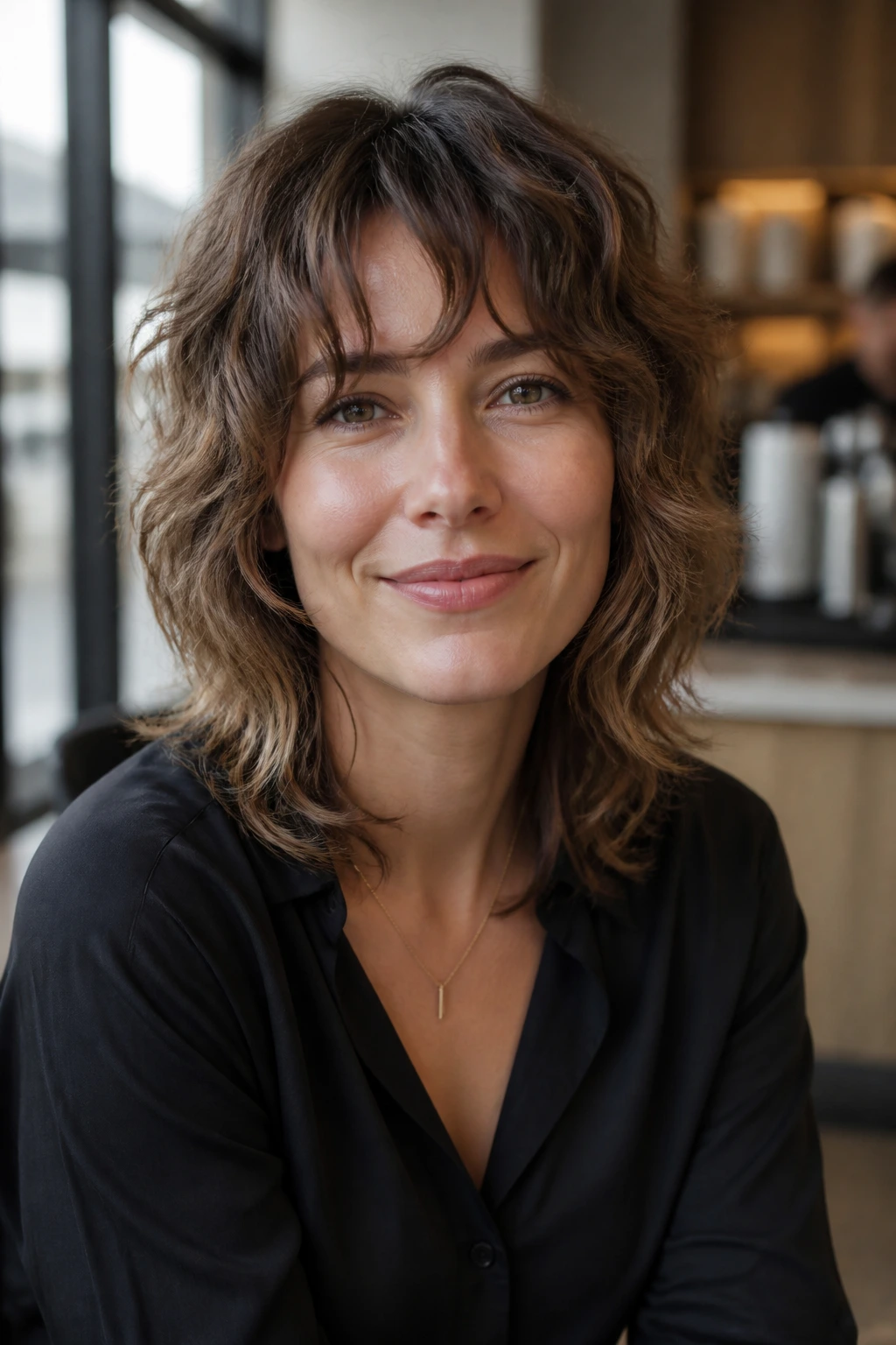 Real person with polished shag and soft graduation in a chic setting.