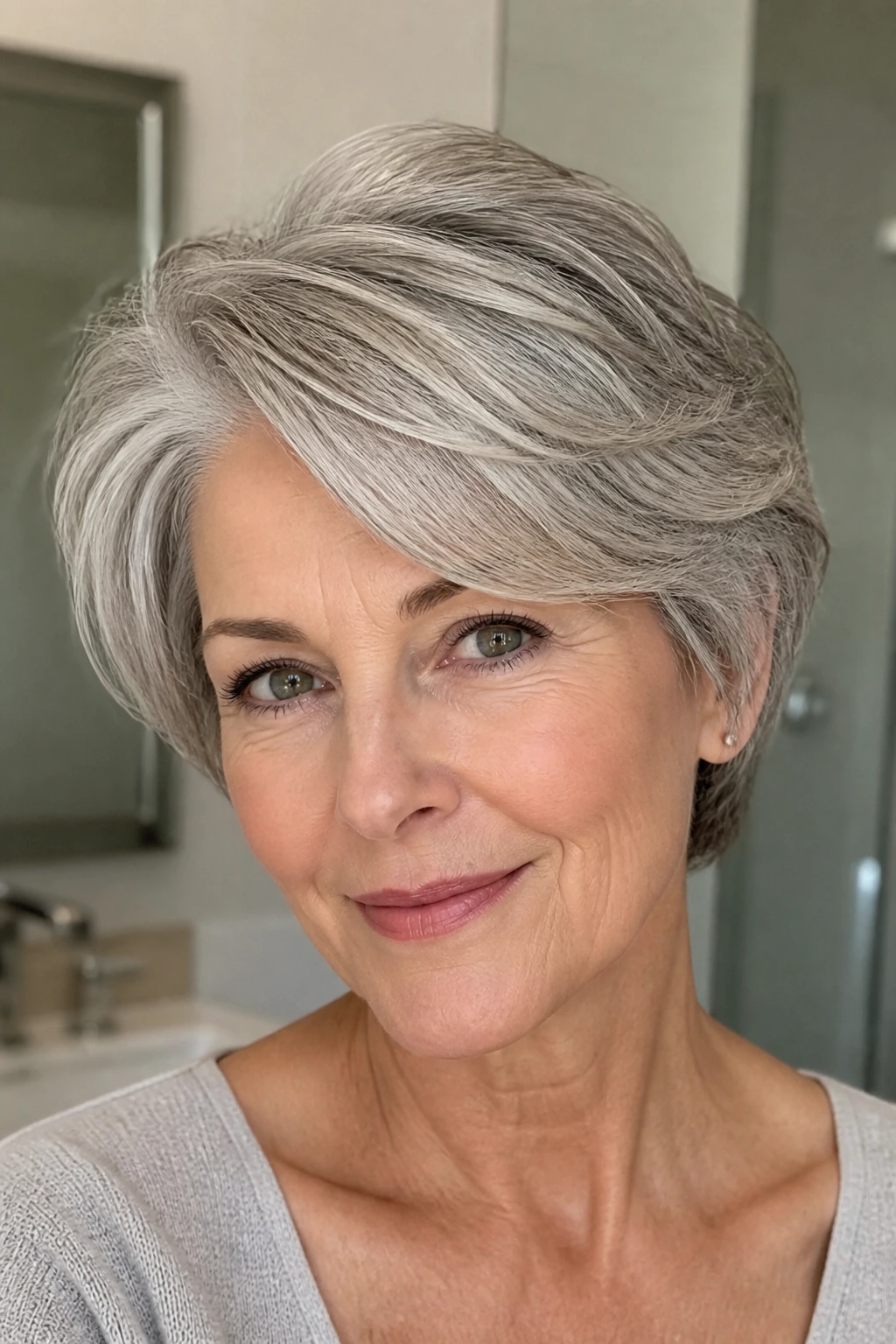 Close-up portrait of a real woman with polished short layers and a side sweep