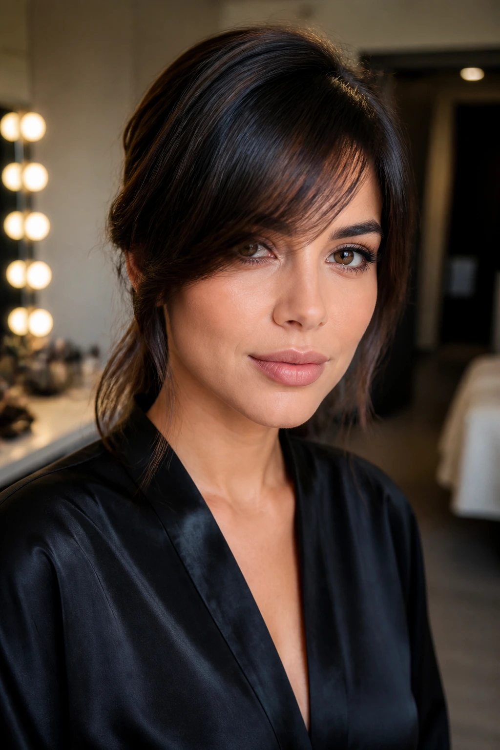 Close-up portrait of a person with a polished side-swept fringe